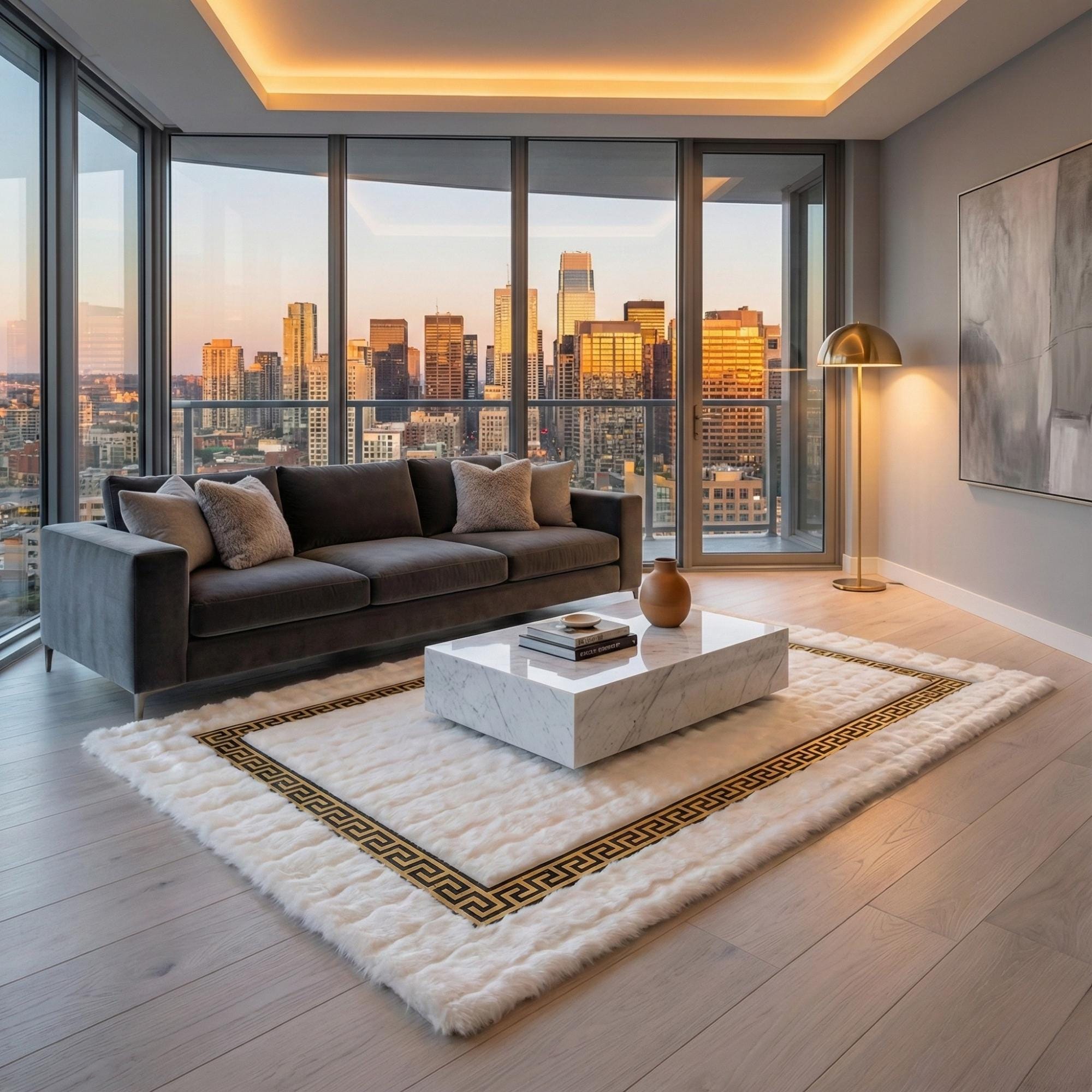 White and Gold Plush Rug, Luxury Geometric Border Area Rug, Modern Faux Fur Carpet,