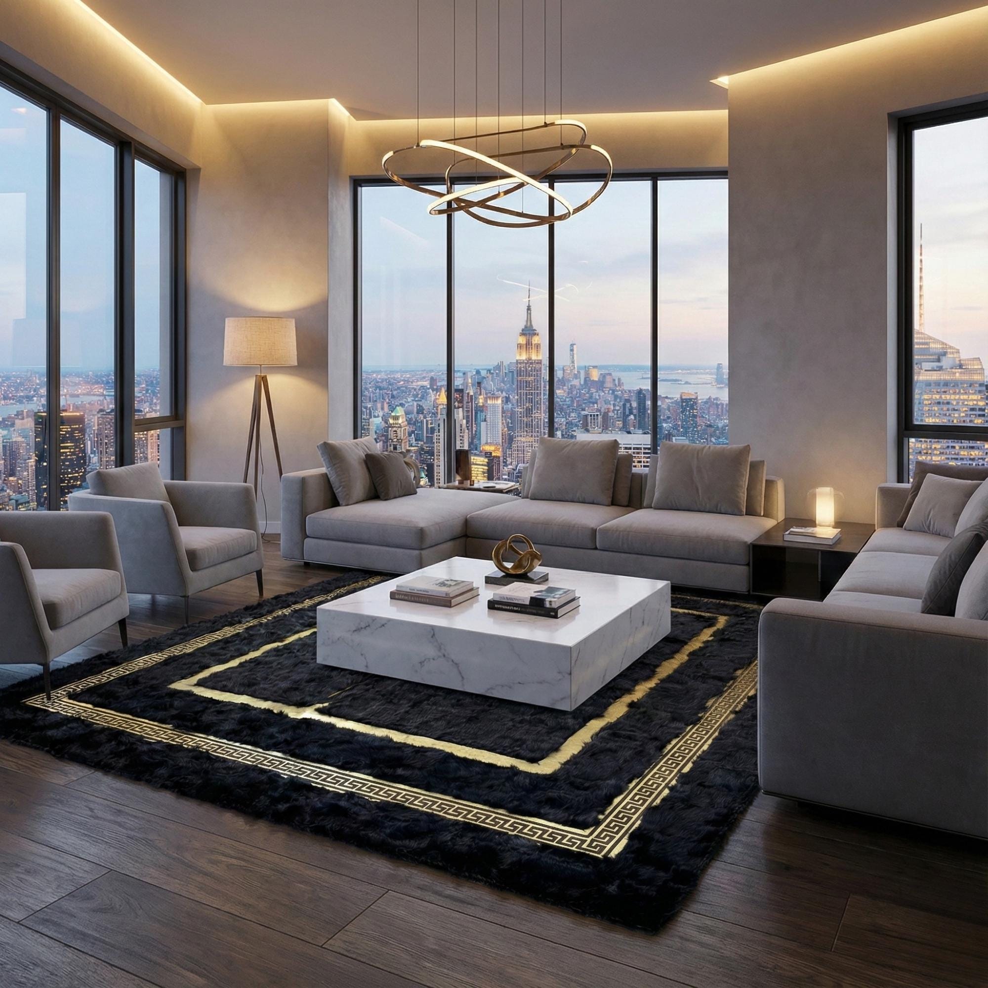 Tuscan Black and Gold Rug, Luxury Plush Area Rug with Greek Key Border,