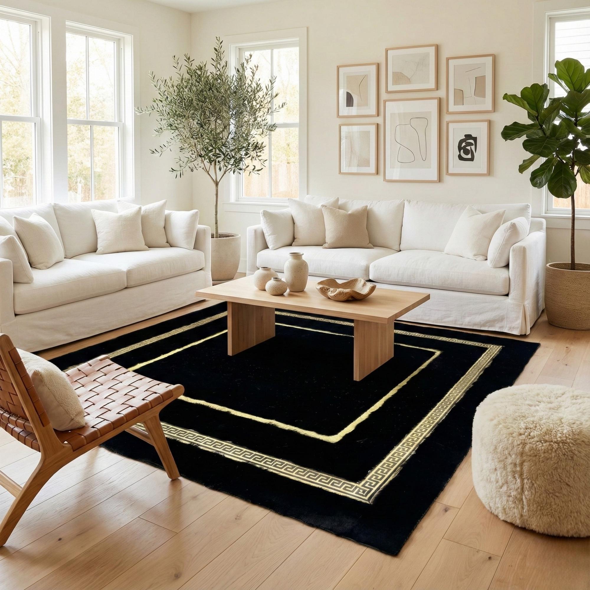 Black and Gold Plush Rug, Luxury Geometric Border Area Rug, Modern Faux Fur Carpet
