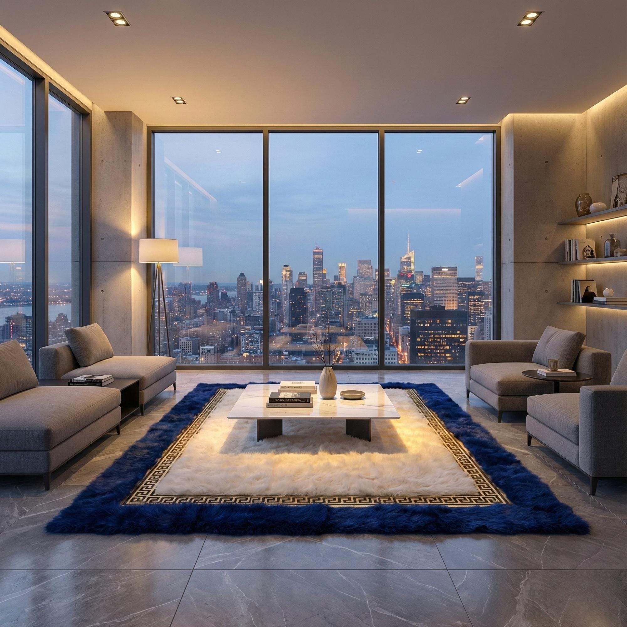 Blue and White Tuscan Fur Rug, Royal Navy Plush Area Rug