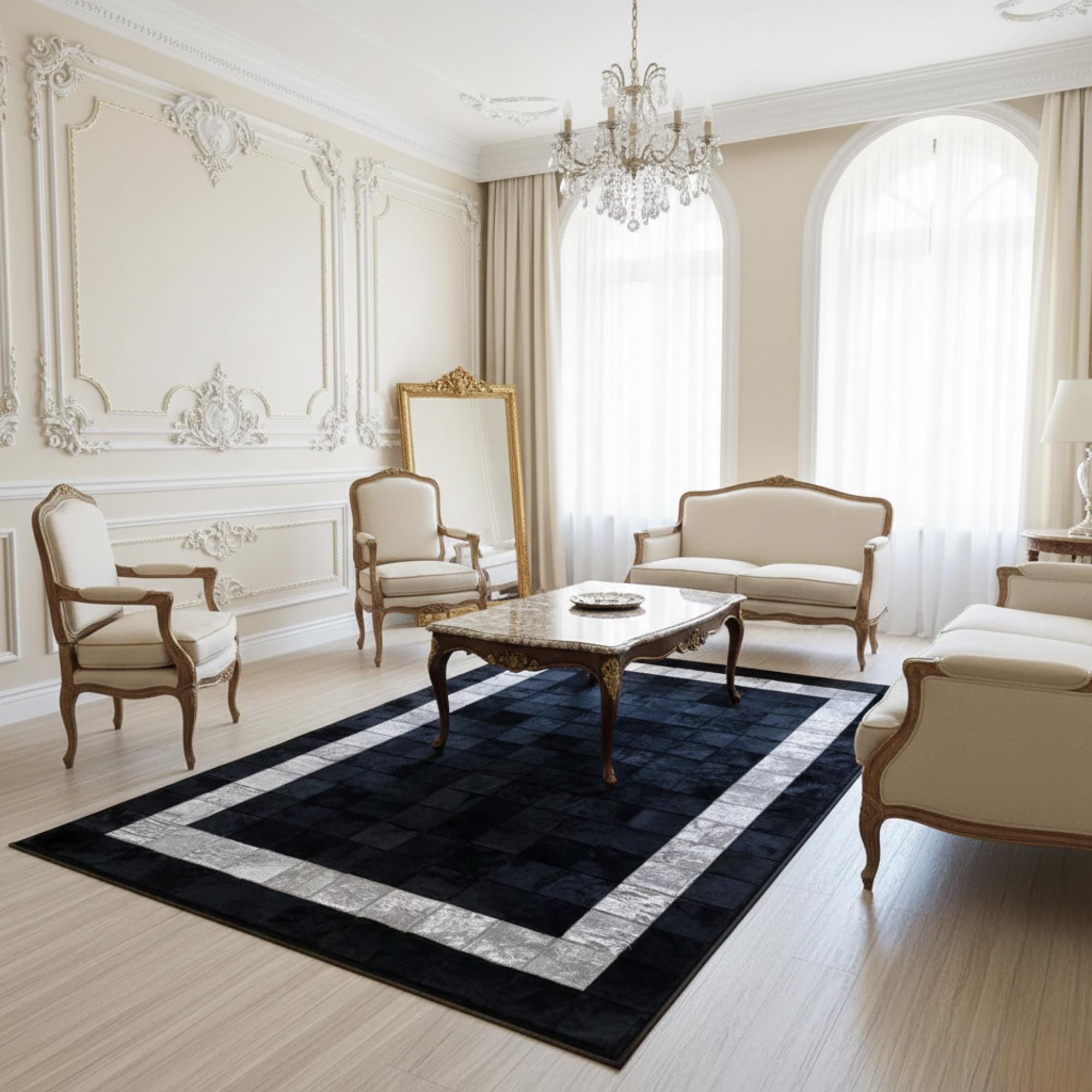 Black and Gray Cowhide Rug, Monochrome Geometric Patchwork