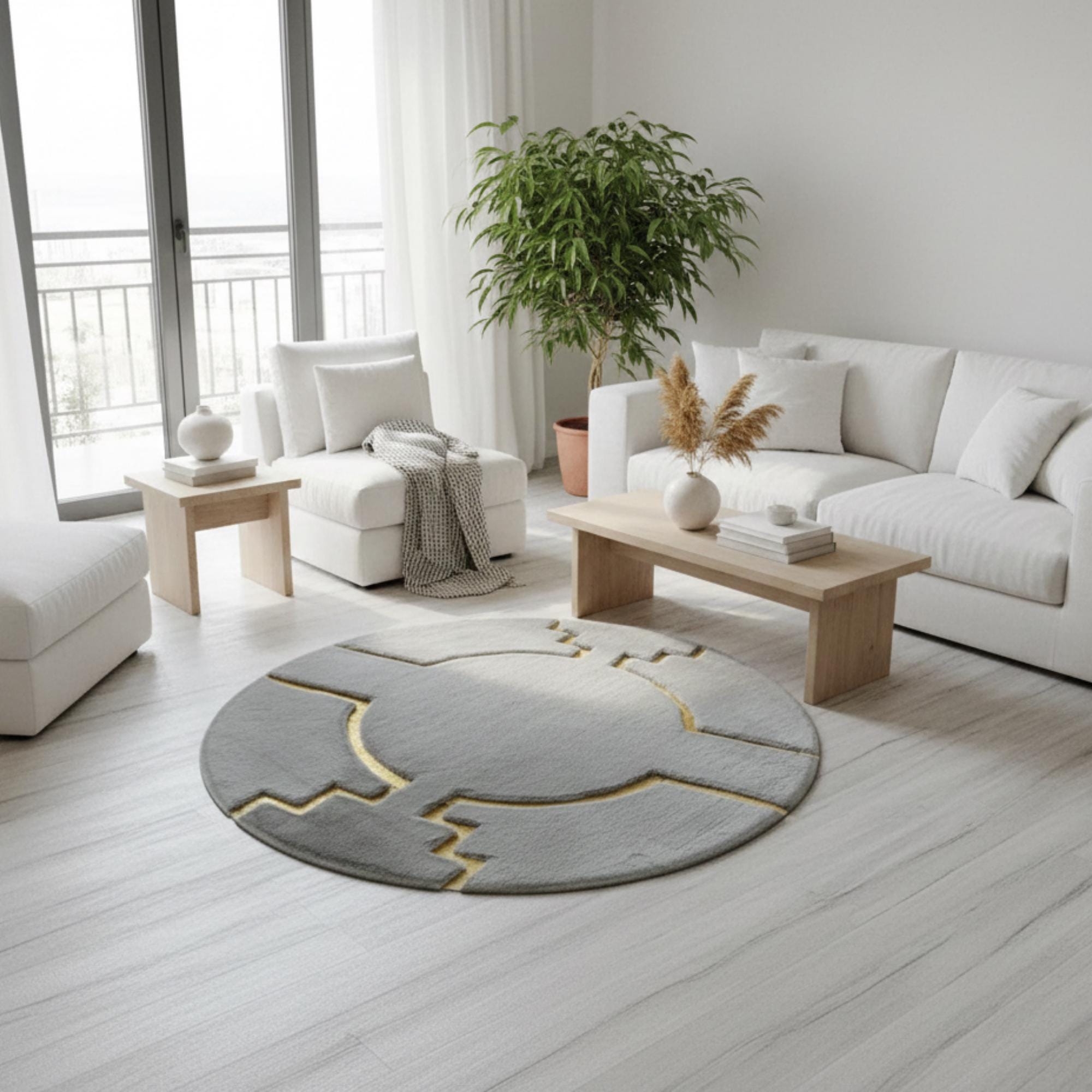 Gold and Gray Round Plush Rug, Luxury Circle Floor Mat,