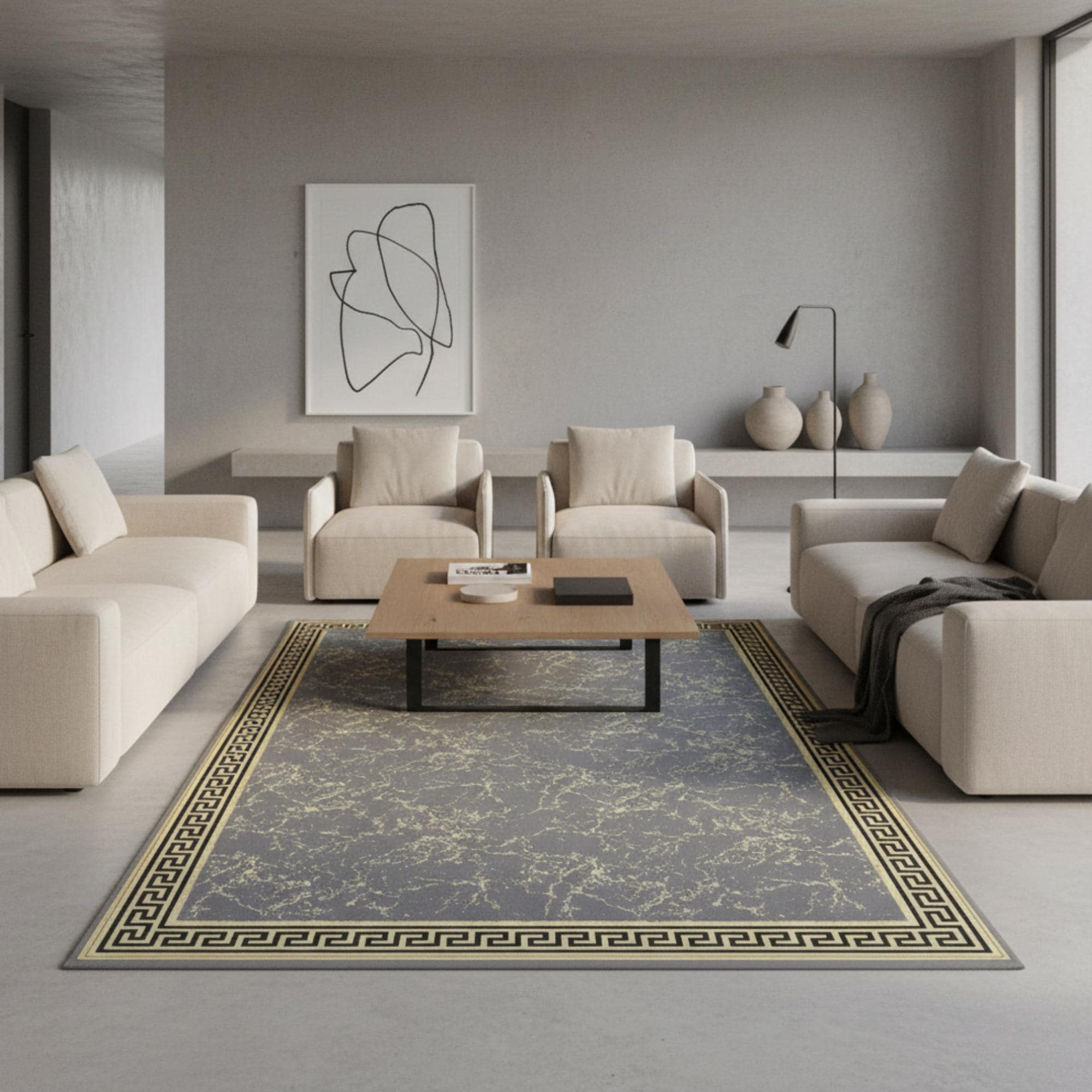 Gray Plush Rug with Gold Geometric Accents, Faux Fur Area Rug, Custom Size