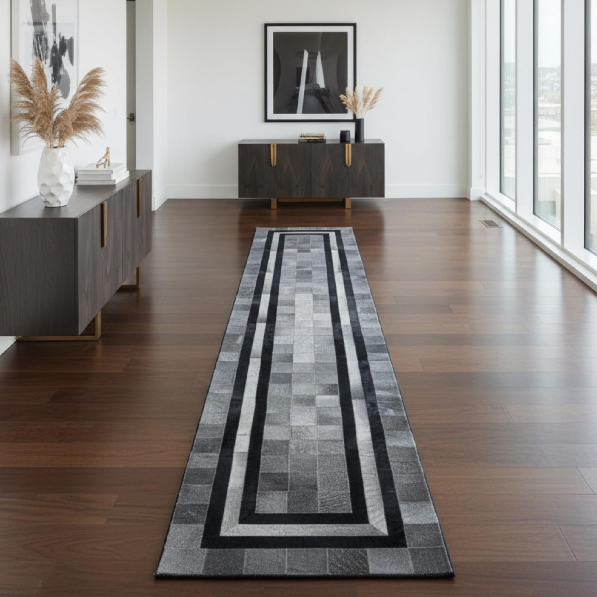 Black and Gray Cowhide Runner Rug, Geometric Patchwork, Modern Hallway