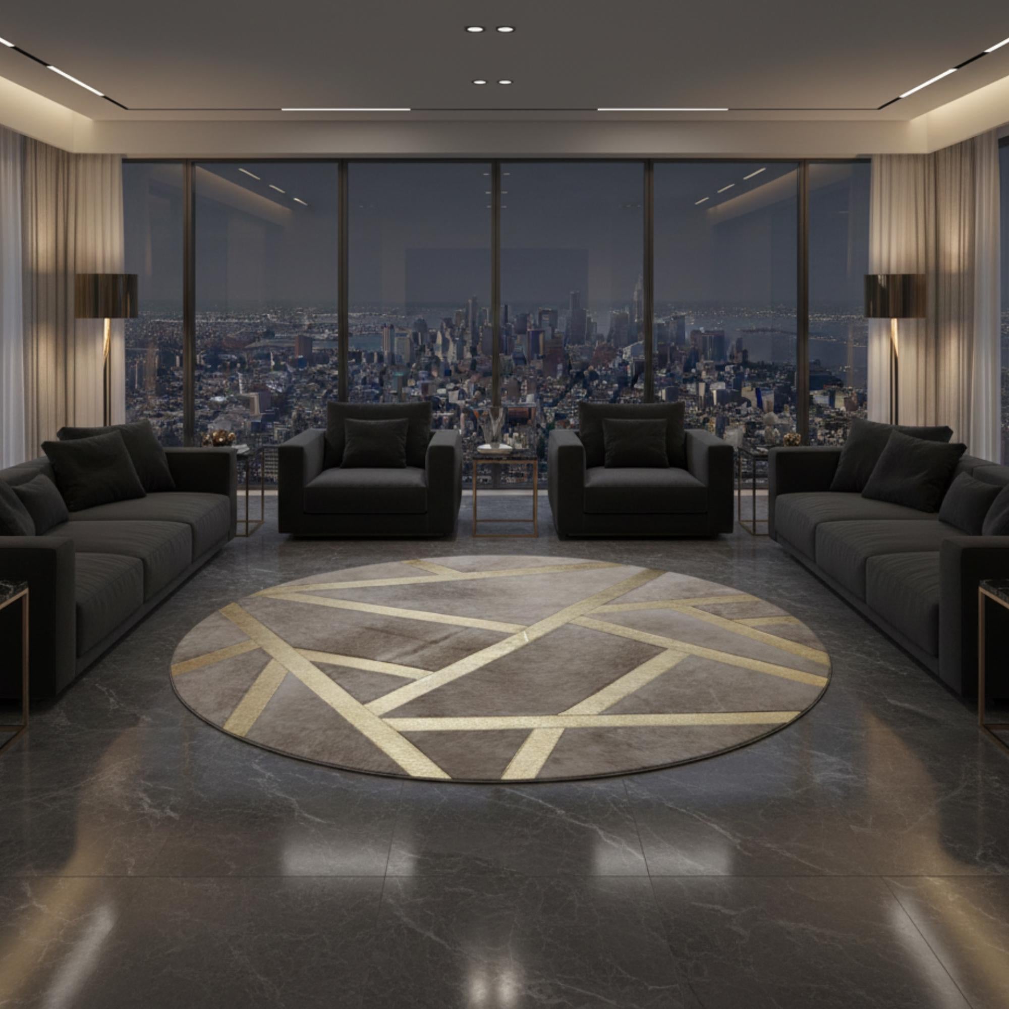 Gray Gold Cowhide Round Rug, Area Rug , Geometric and Modern Rug