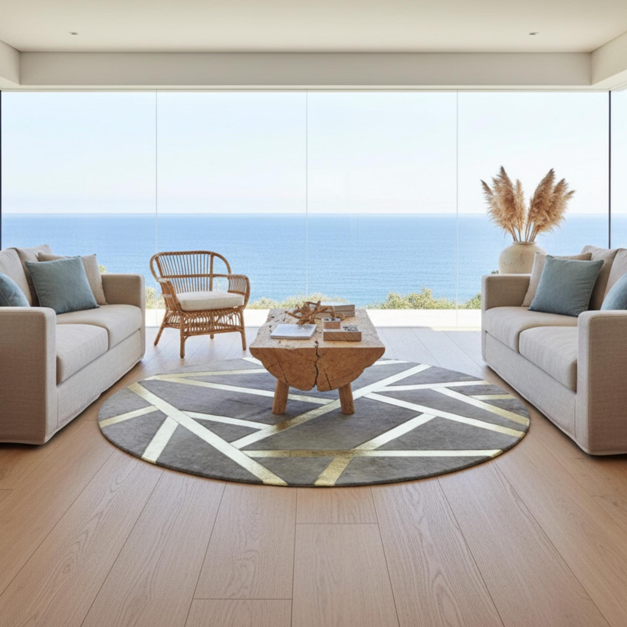 Gray Gold Cowhide Round Rug, Area Rug , Geometric and Modern Rug
