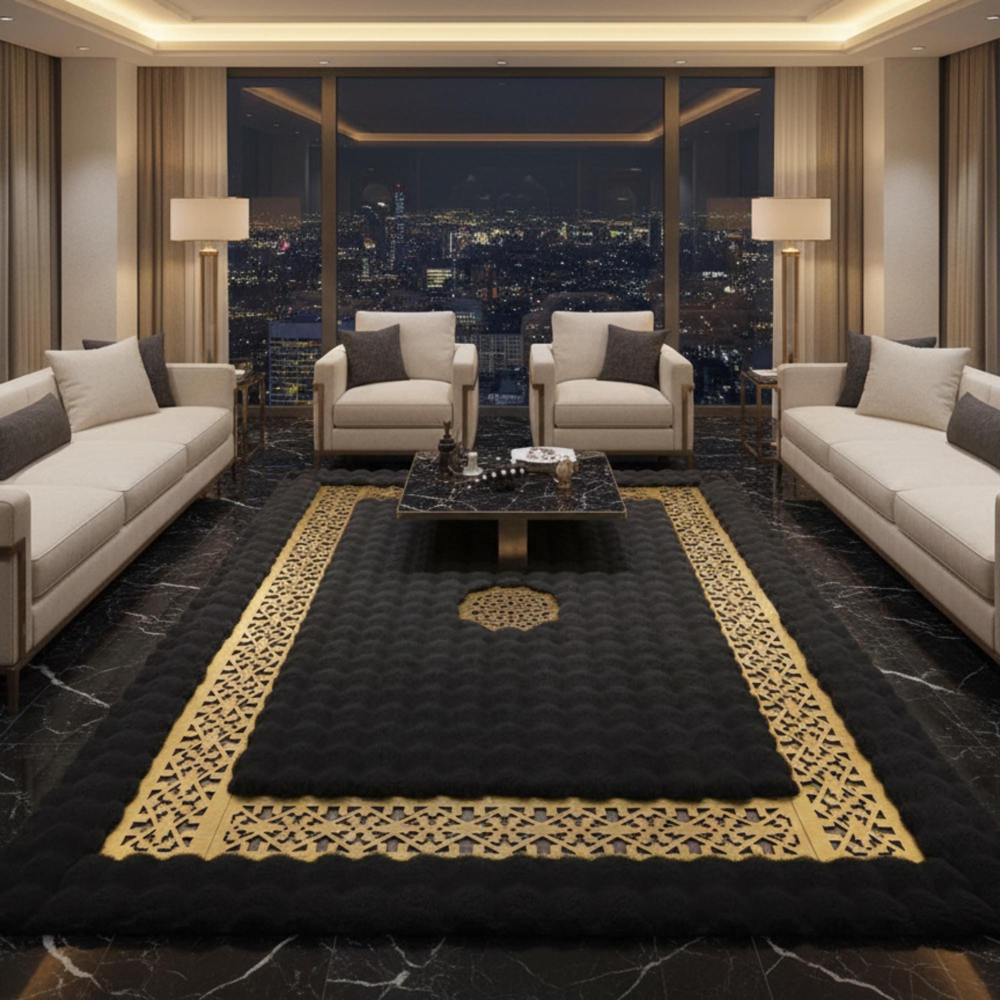 Luxury Black and Gold Area Plush Rug for Living Room,