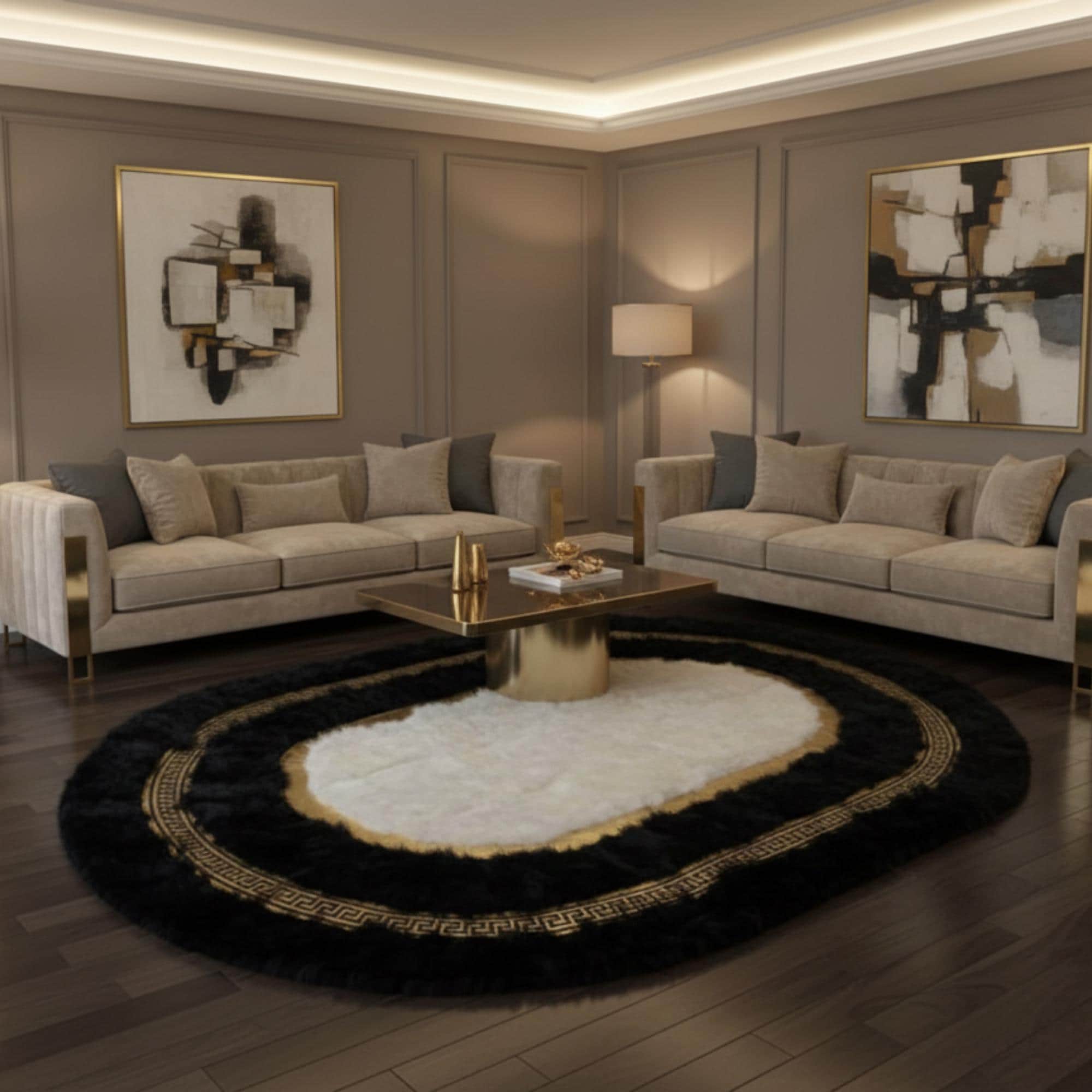 Luxury Black and White, Gold Plush Rug, Modern Faux Fur Area Rug