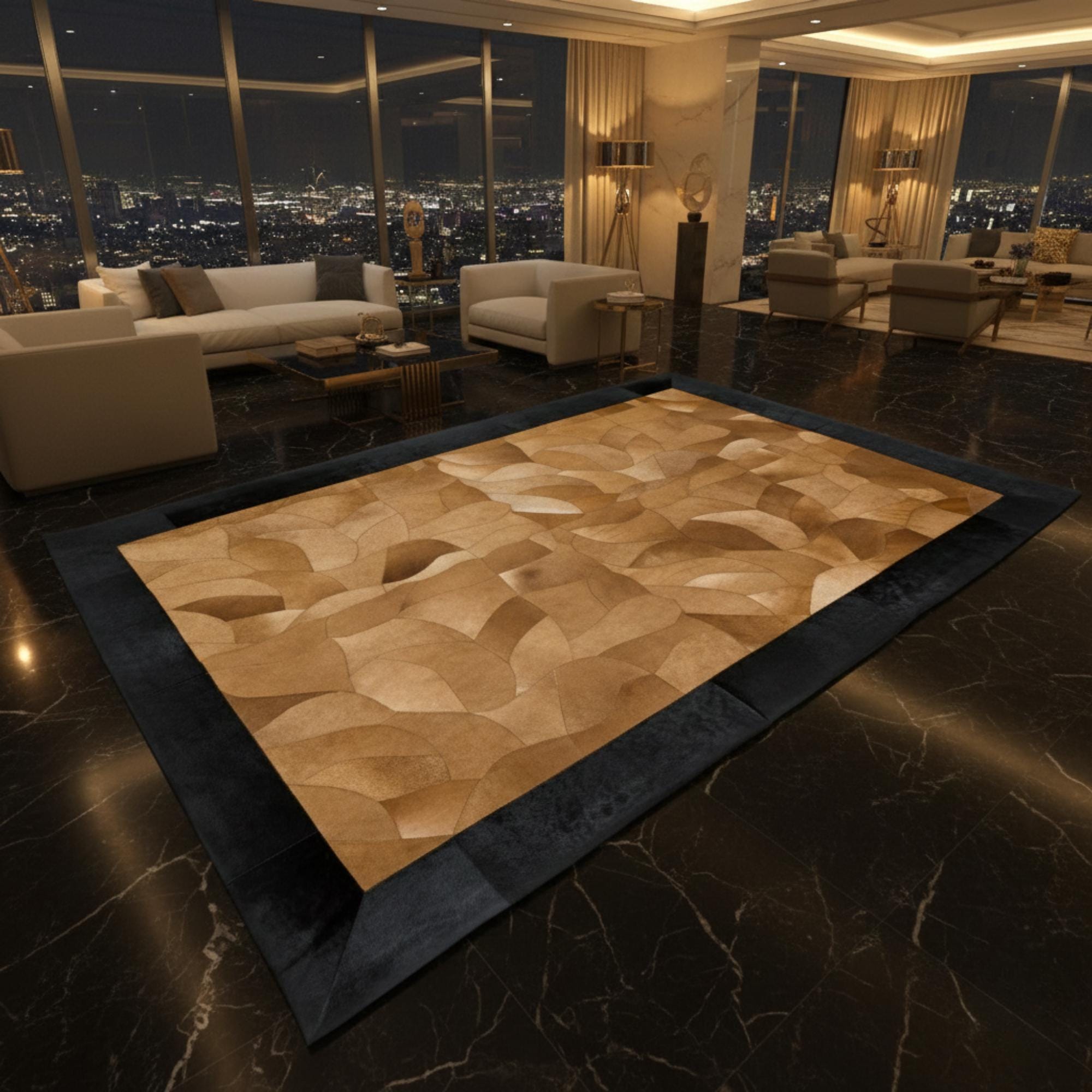 Brown Cowhide Rug with Black Border, Geometric Patchwork Area Rug
