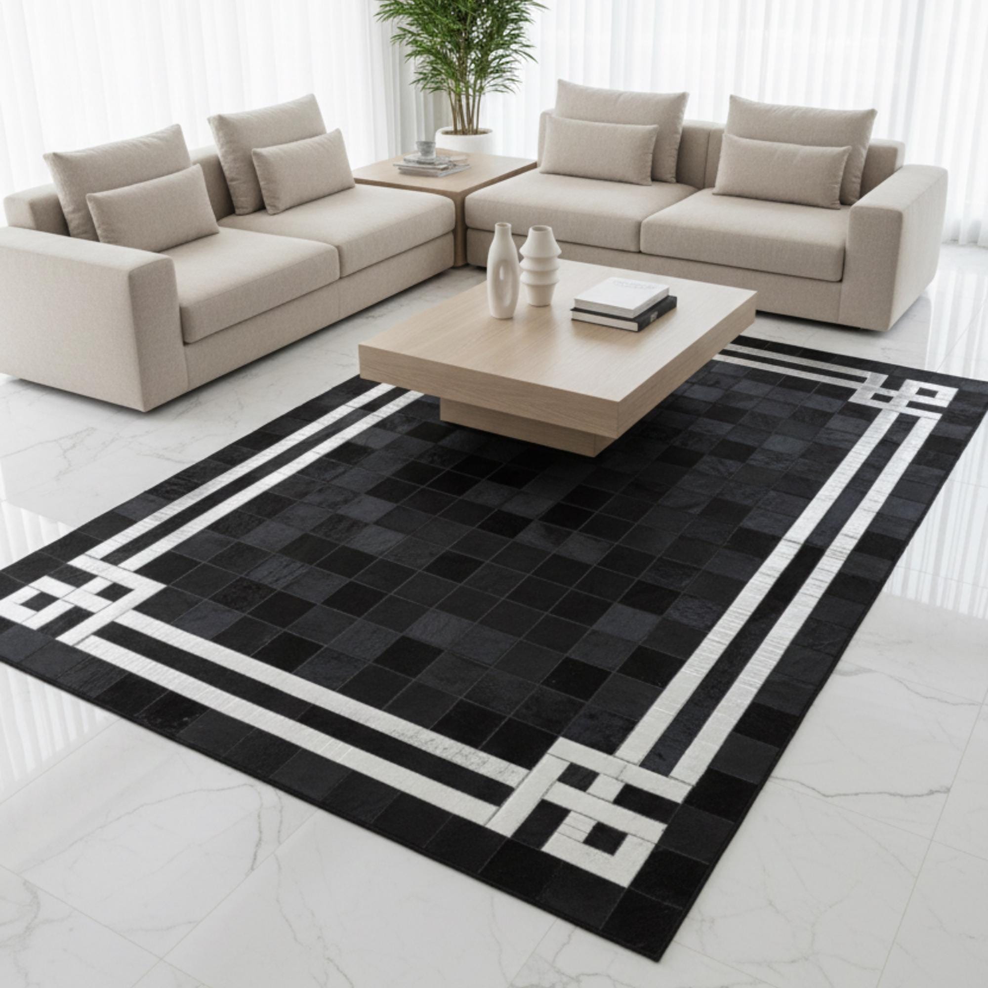 Black Cowhide Rug with Silver Detail, Modern Geometric Area Rug,