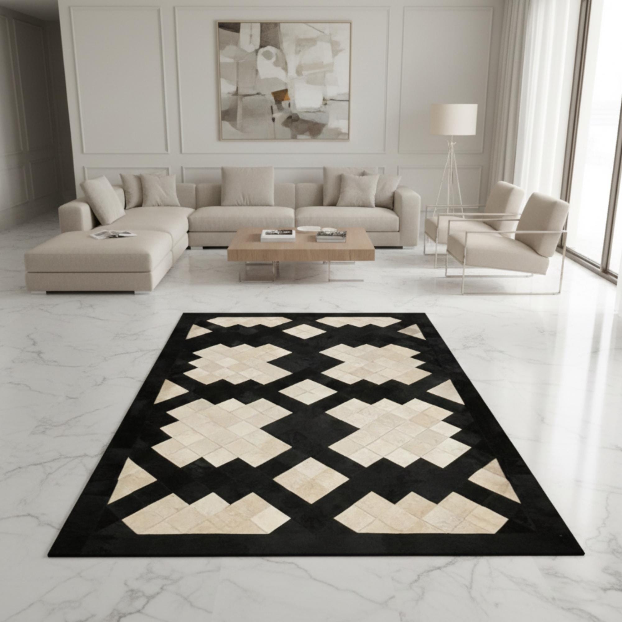 Black and Cream Cowhide Rug, Geometric Patchwork Area Rug