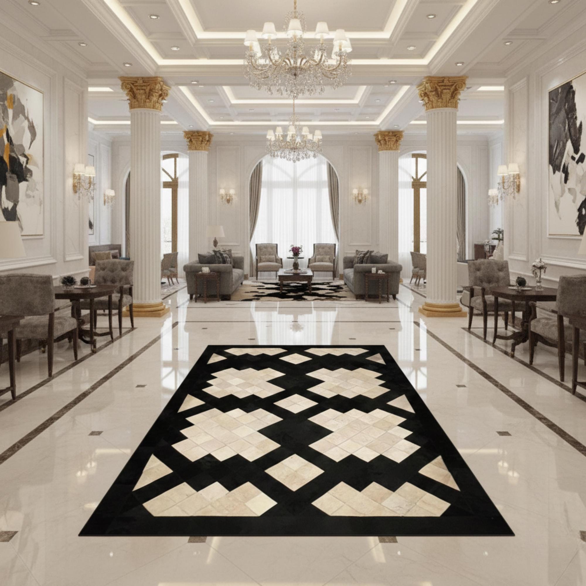 Black and Cream Cowhide Rug, Geometric Patchwork Area Rug