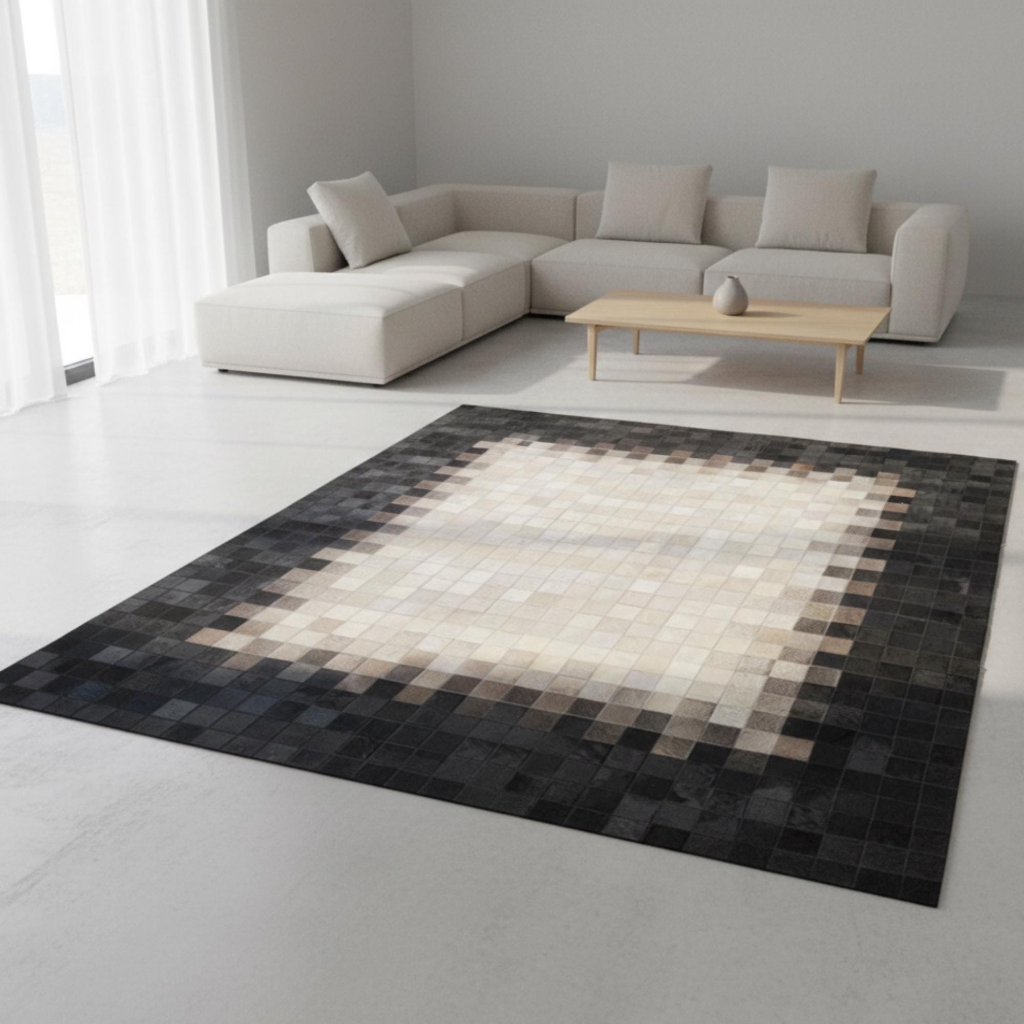 Cowhide Area Rug, Black and White Patchwork Rug, Modern Ombre Leather Rug