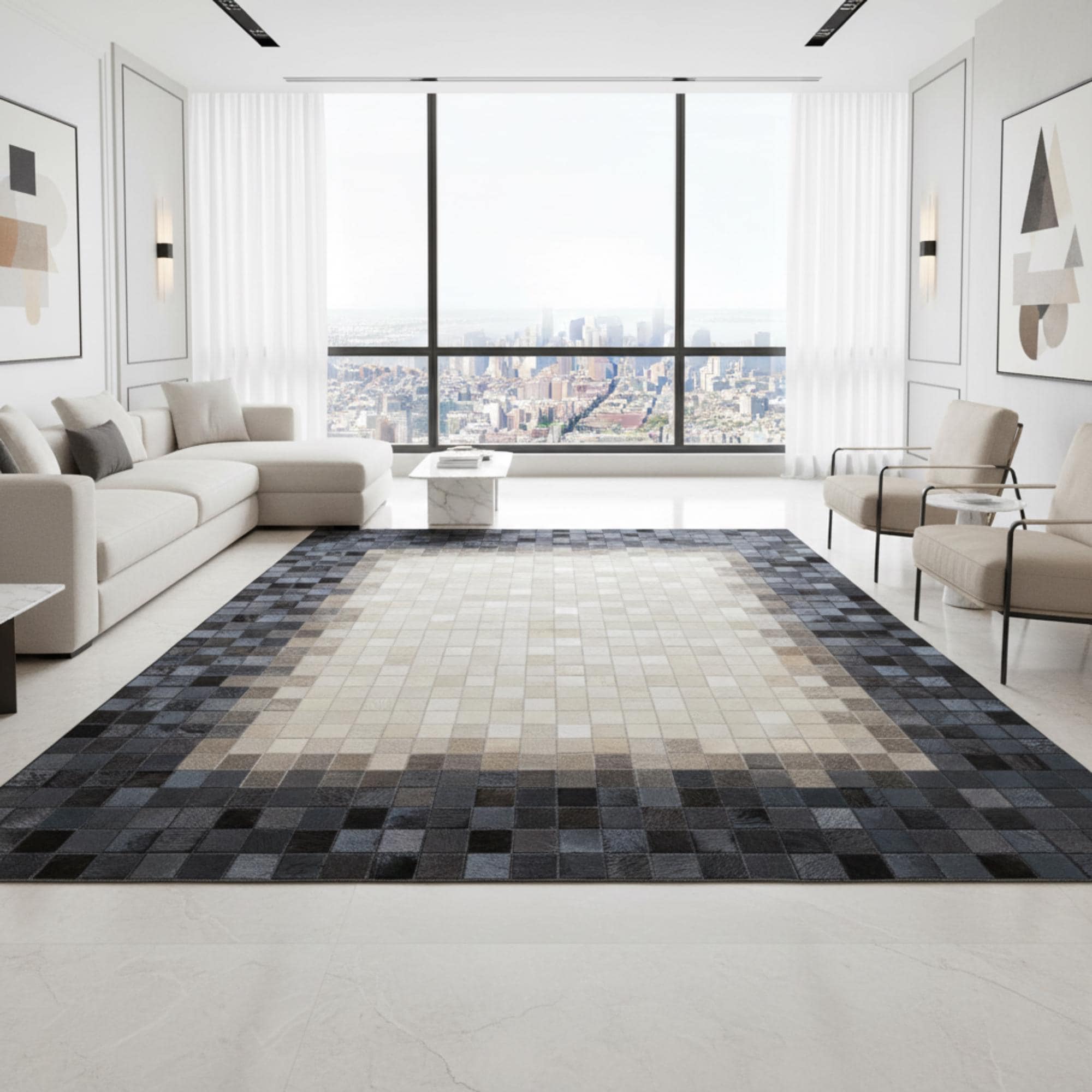Cowhide Area Rug, Black and White Patchwork Rug, Modern Ombre Leather Rug