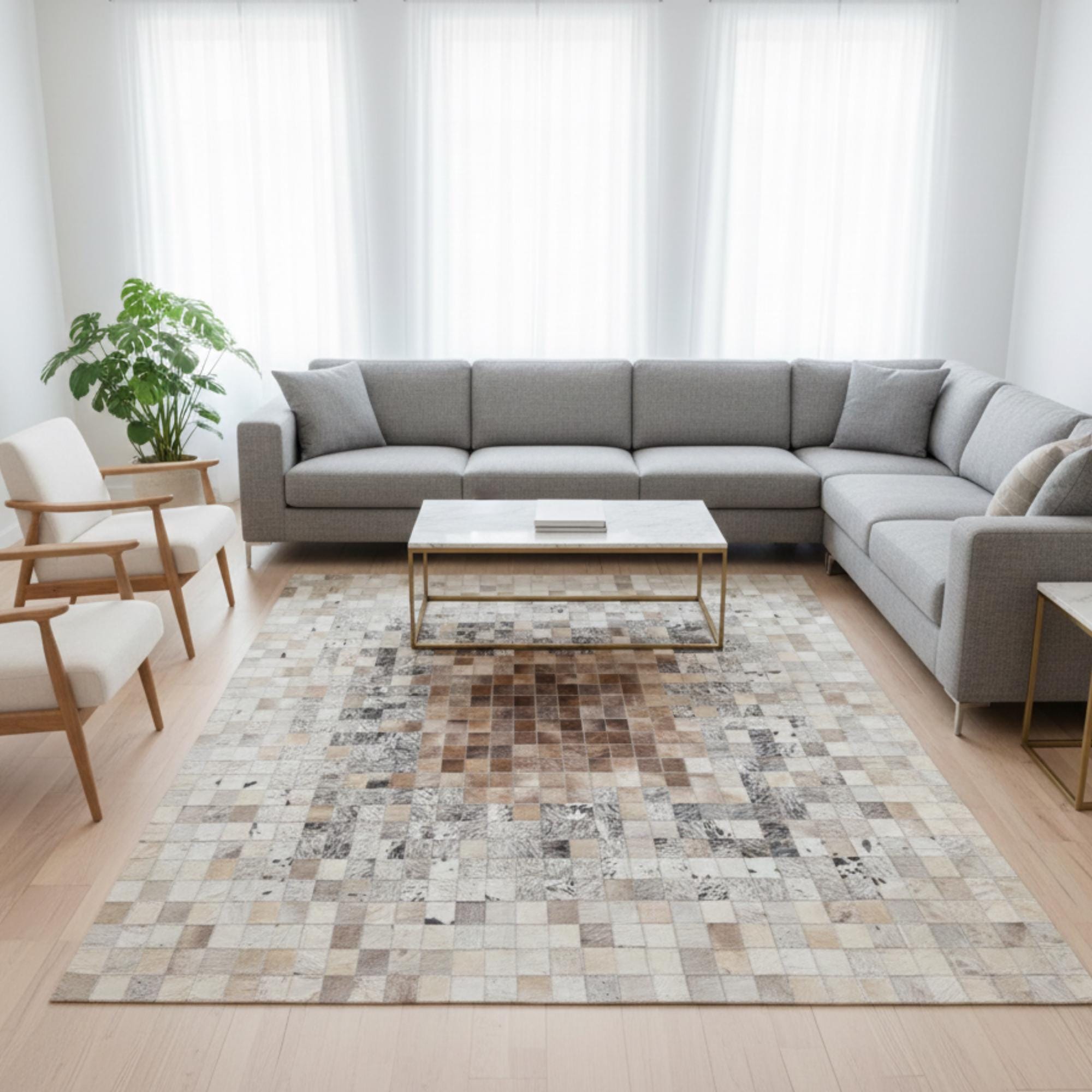 Beige and Brown Cowhide Rug, Geometric Patchwork Rug, Modern Leather Area Rug