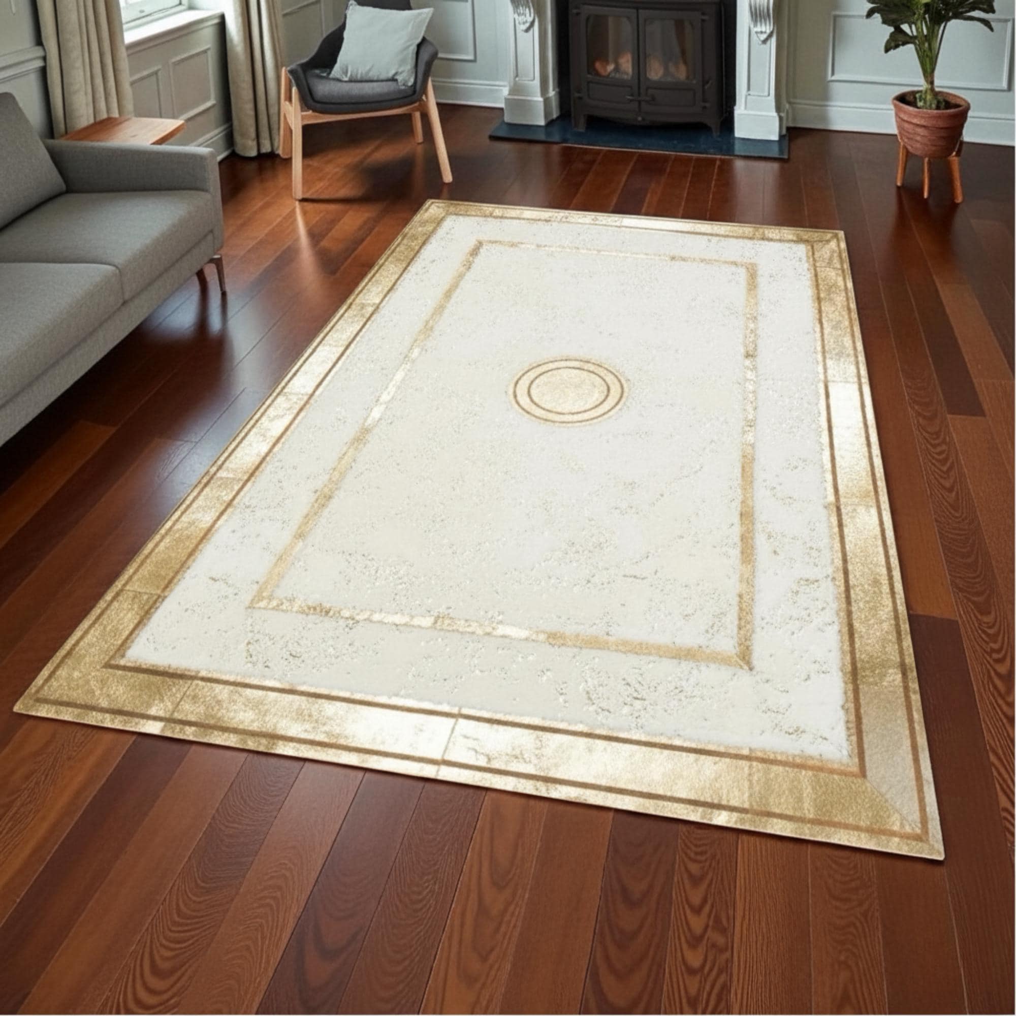 White and Gold Rug, Luxury Plush Area Rug, Modern Geometric Living Room Rug,