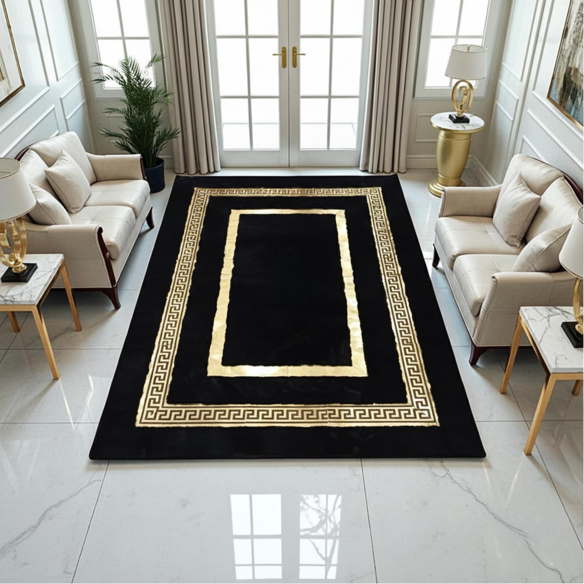 Black and Gold Rug, Luxury Plush Area Rug, Modern Faux Fur Living Room Rug,