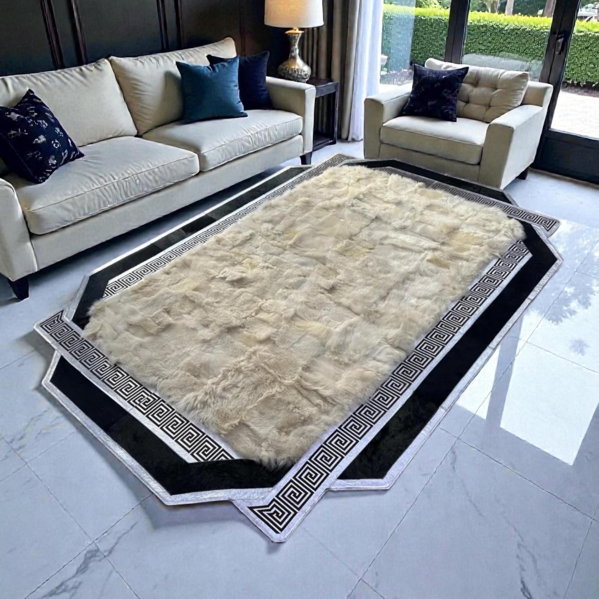 White Gray and Black Rug, Tuscan Area Rug, Luxury Living Room Rug