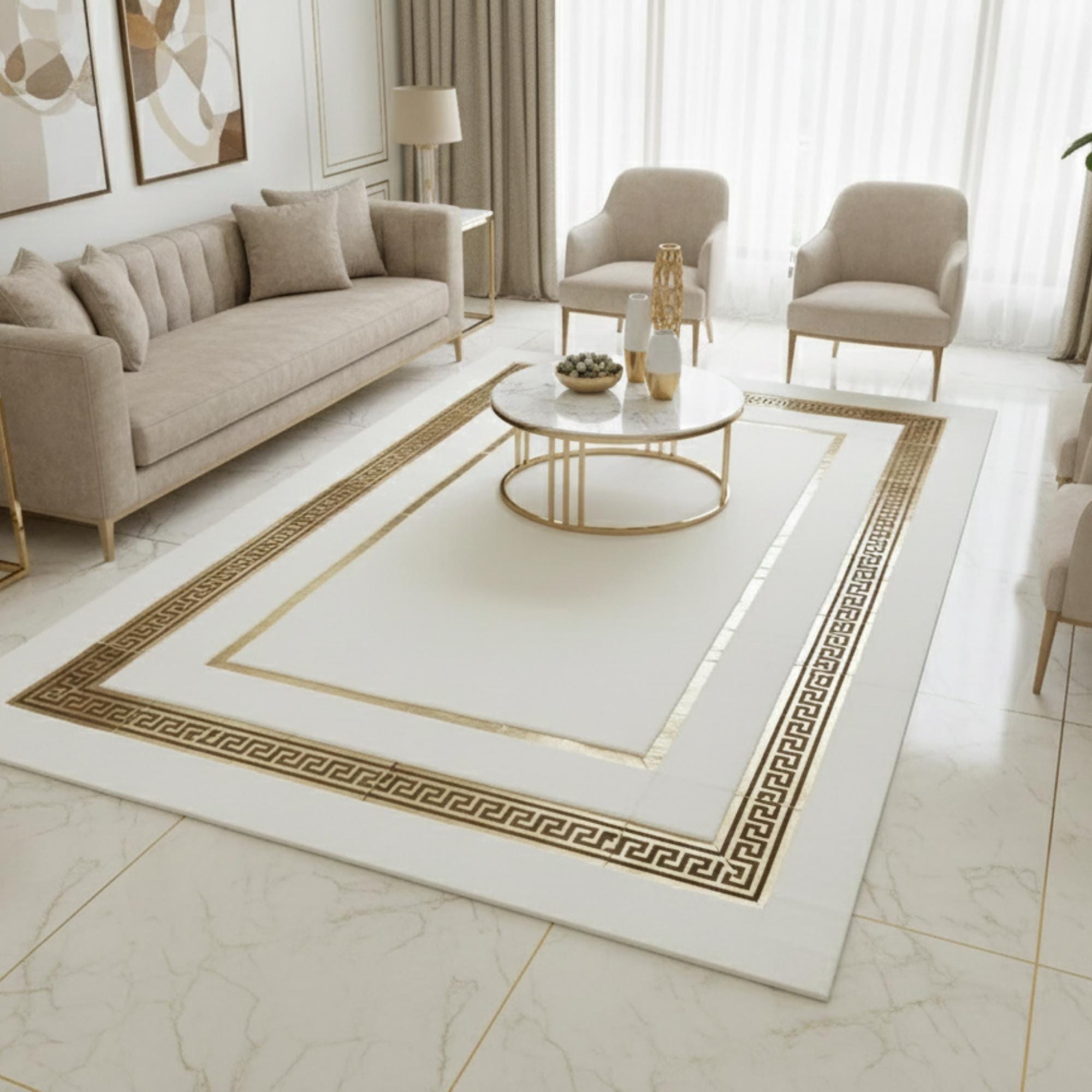 White Faux Fur Rug, Gold Geometric Border,