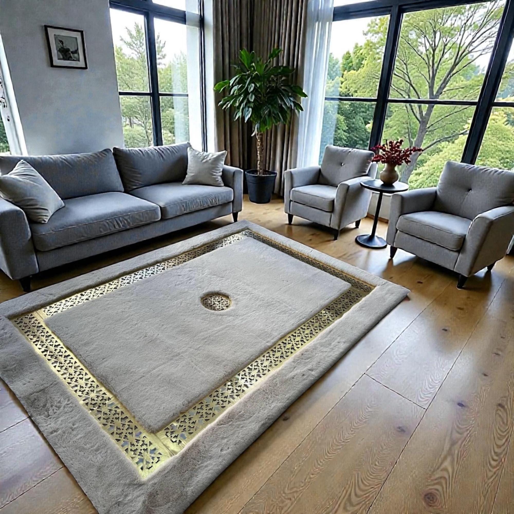 Beige Plush Rug, Gold Geometric Border, Modern Decor