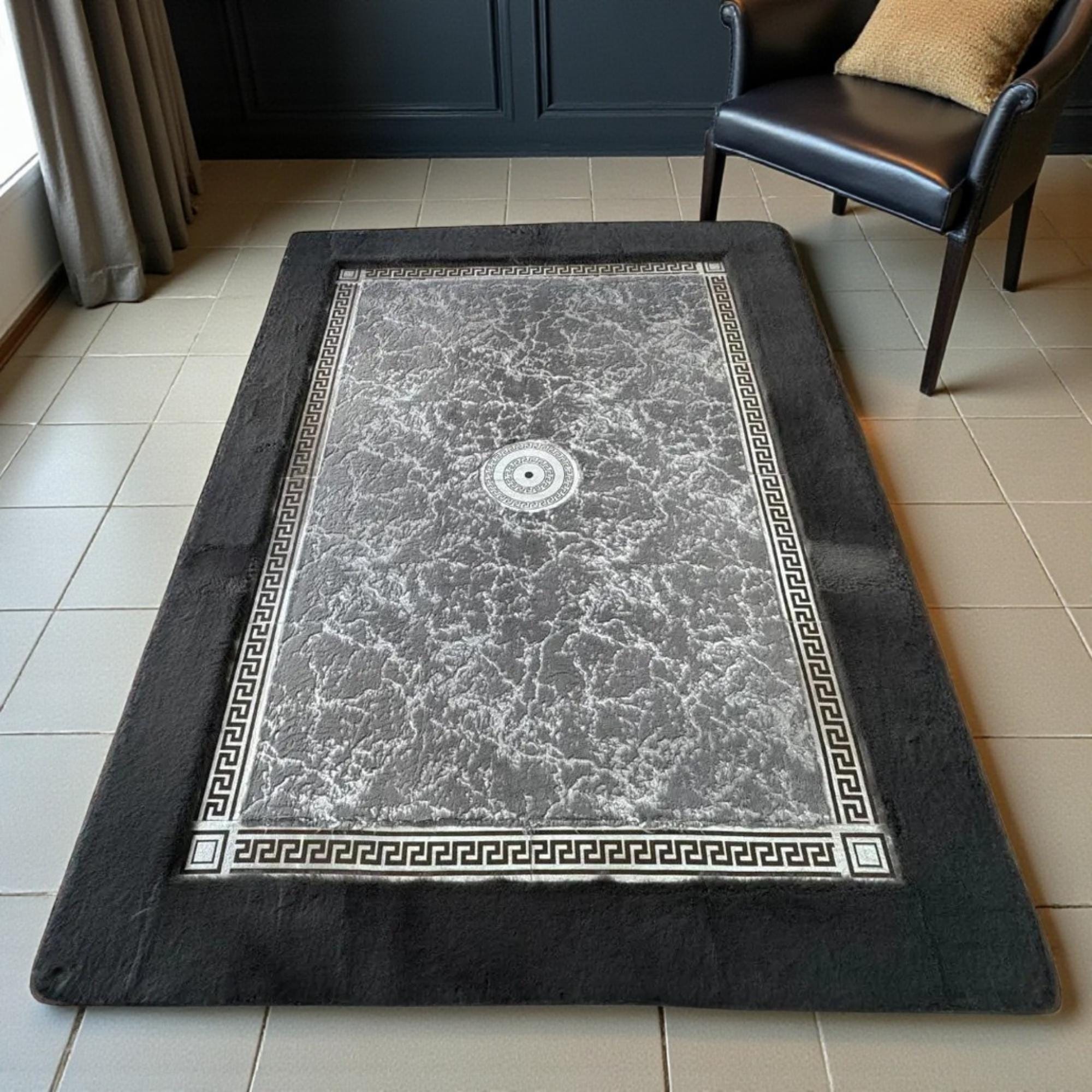Gray and Black Rug, Plush Area Rug, Modern Geometric Living Room Rug,
