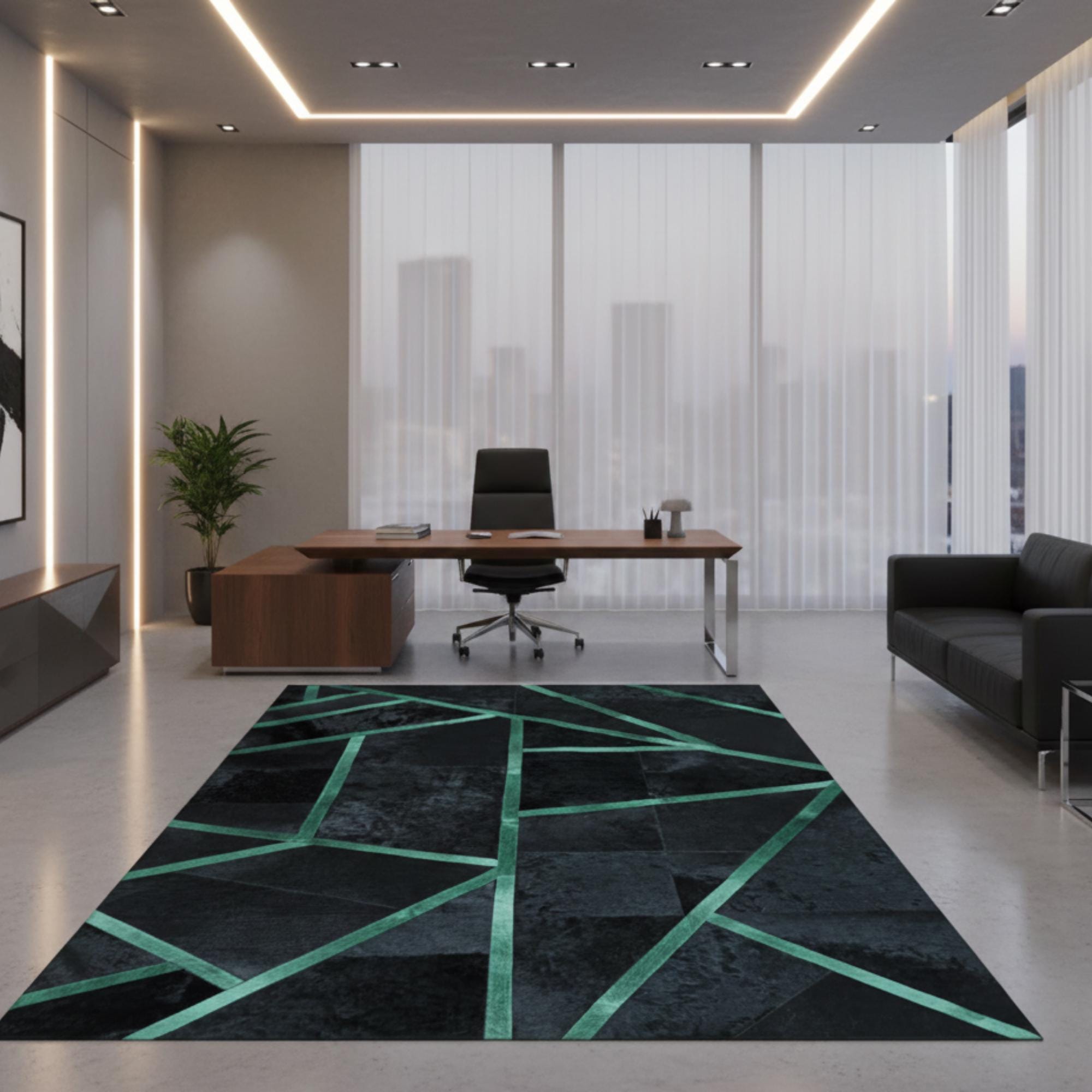 Black and Green Cowhide Rug, Geometric Area Rug, Modern Abstract Leather Rug