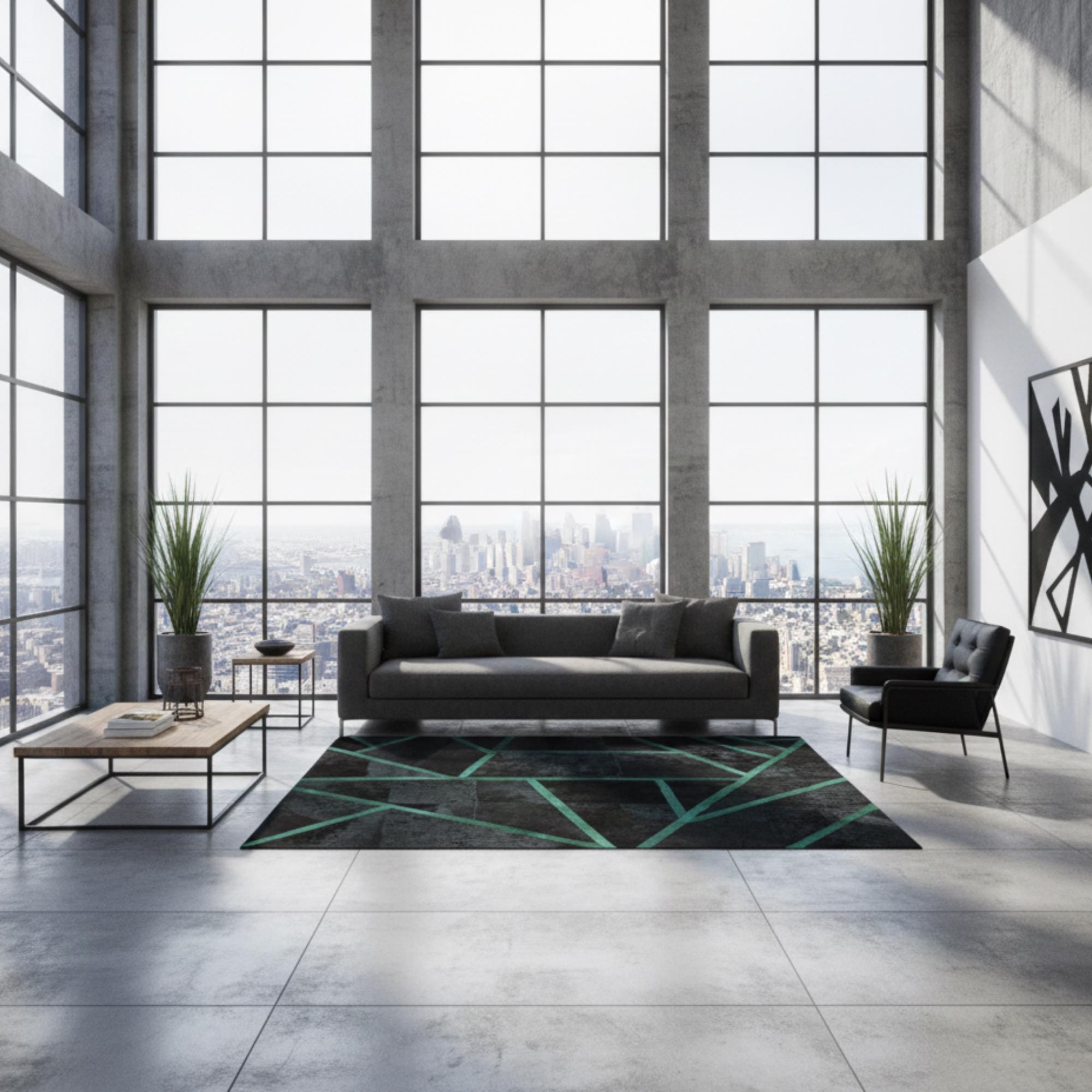 Black and Green Cowhide Rug, Geometric Area Rug, Modern Abstract Leather Rug