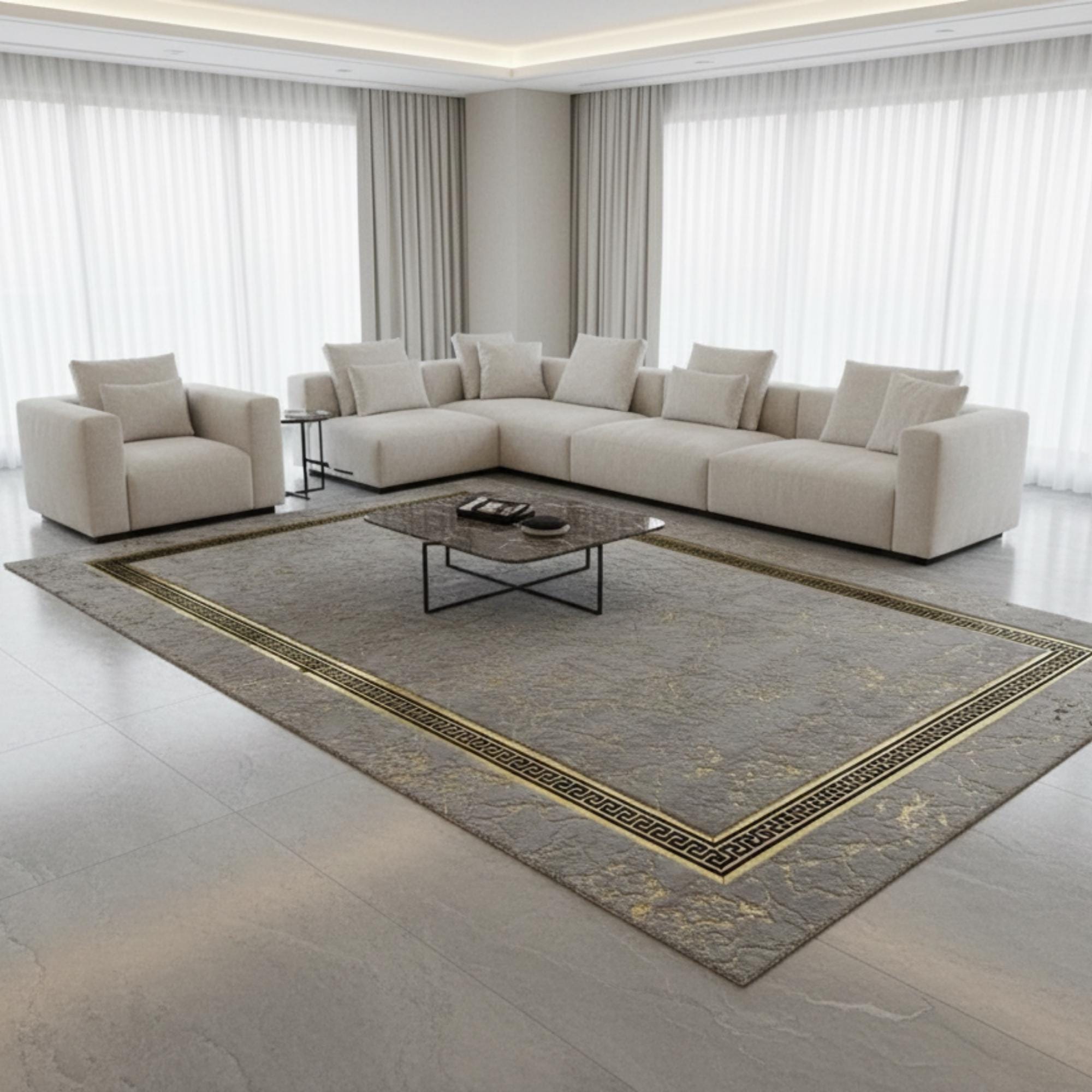 Gray and Gold Rug, Luxury Plush Area Rug, Modern Geometric Living Room Rug