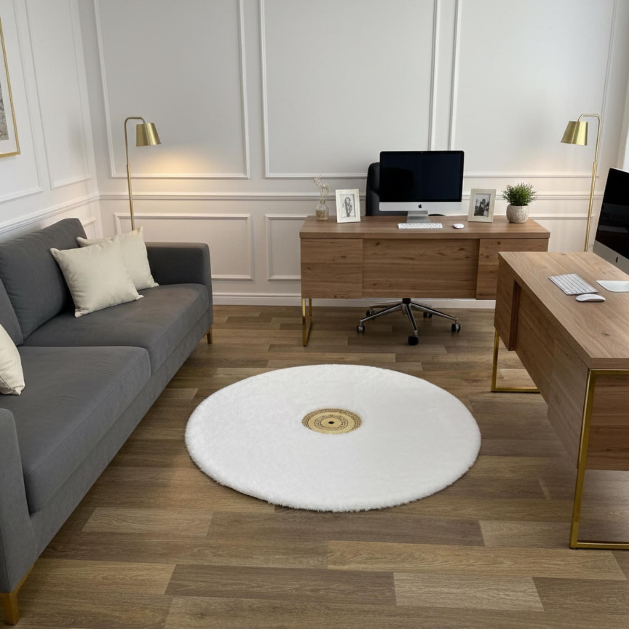 White Faux Fur Round Rug, Gold Medallion, Modern Glam Decor