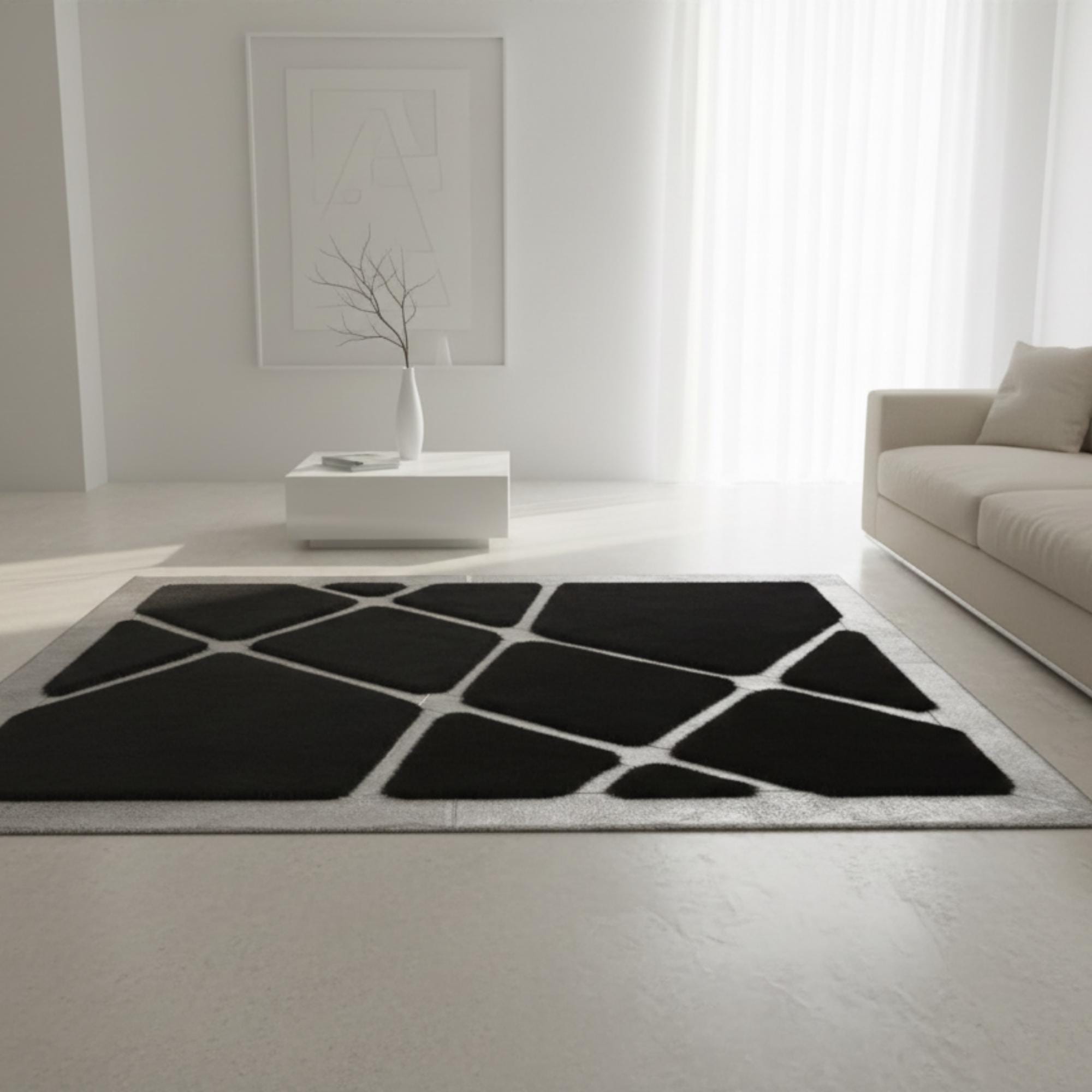Black and Silver Rug, Plush Area Rug, Modern Geometric Living Room Rug,