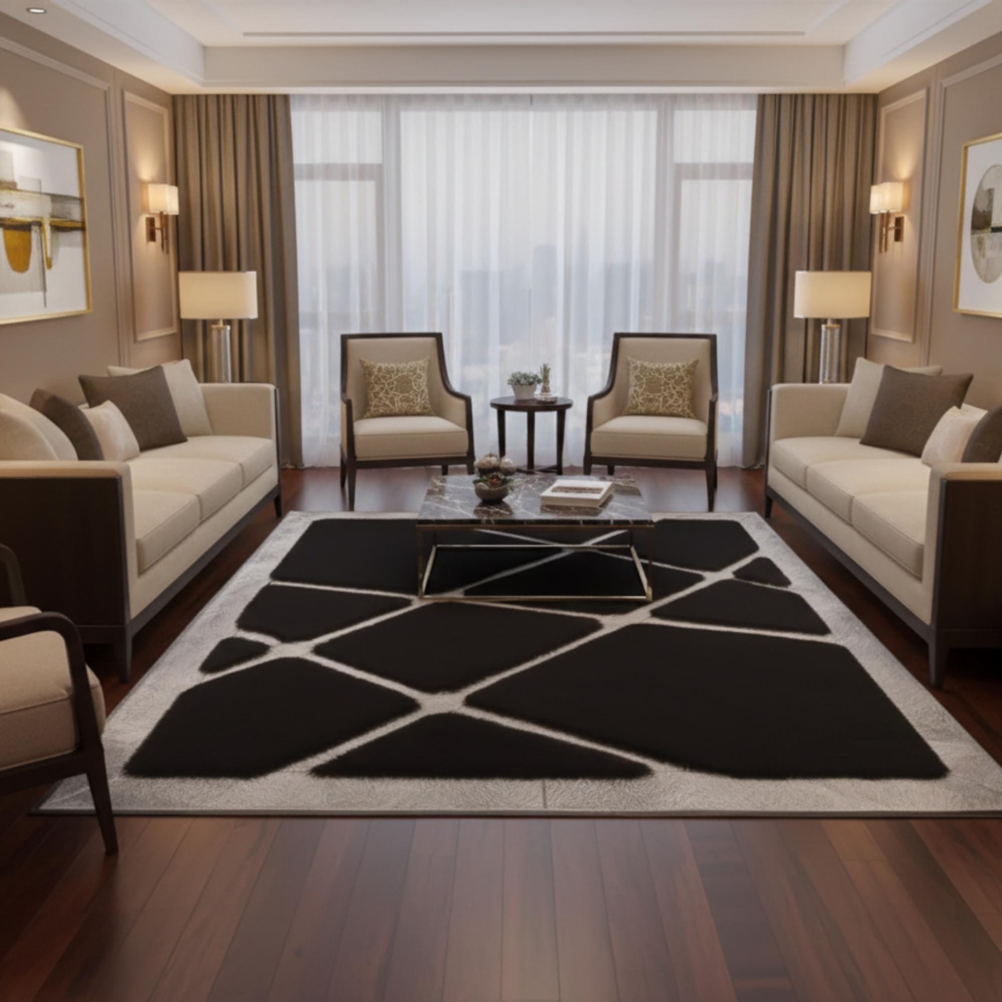 Black and Silver Rug, Plush Area Rug, Modern Geometric Living Room Rug,