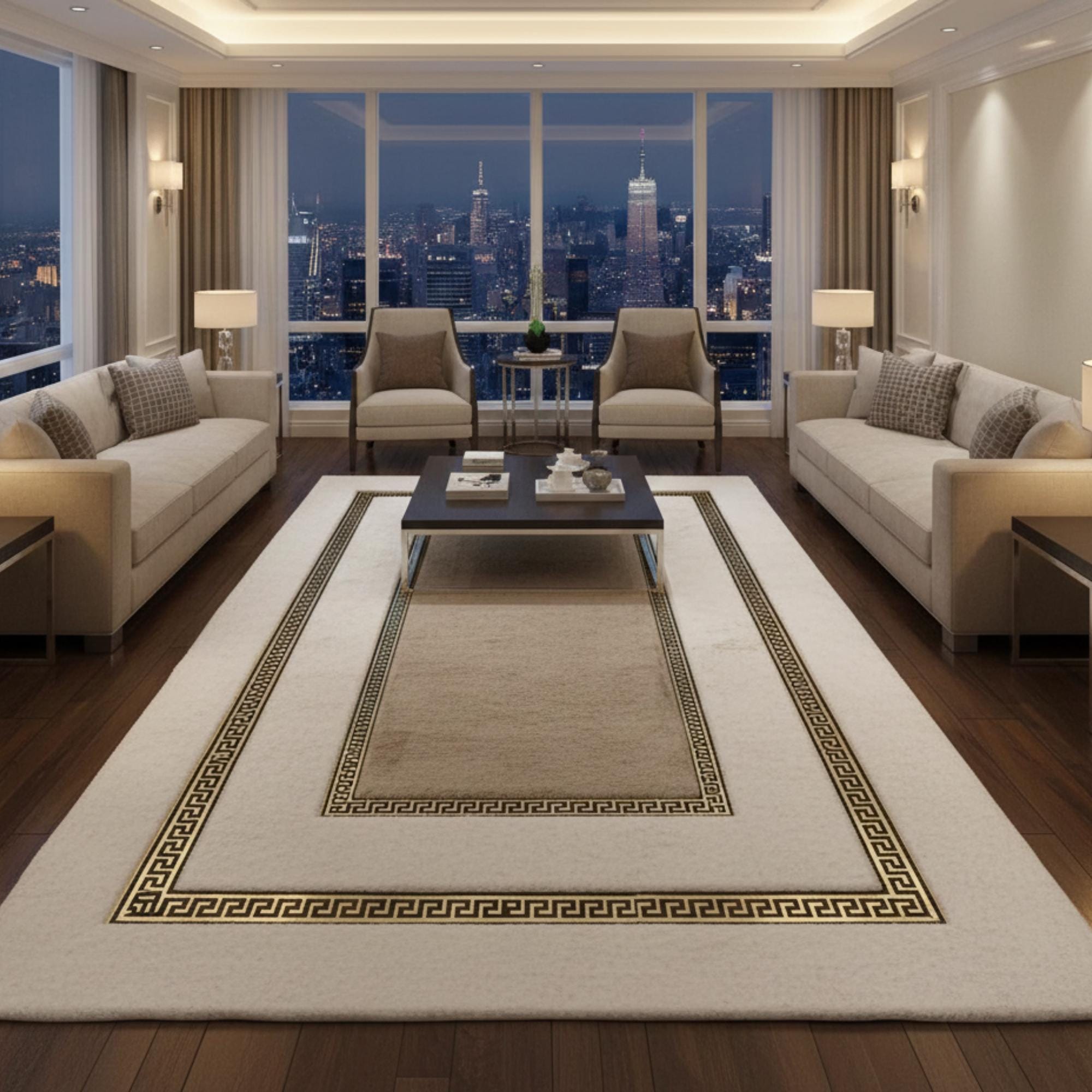 White and Cream Center with Gold Geometric Border Plush Rug, Area Rug