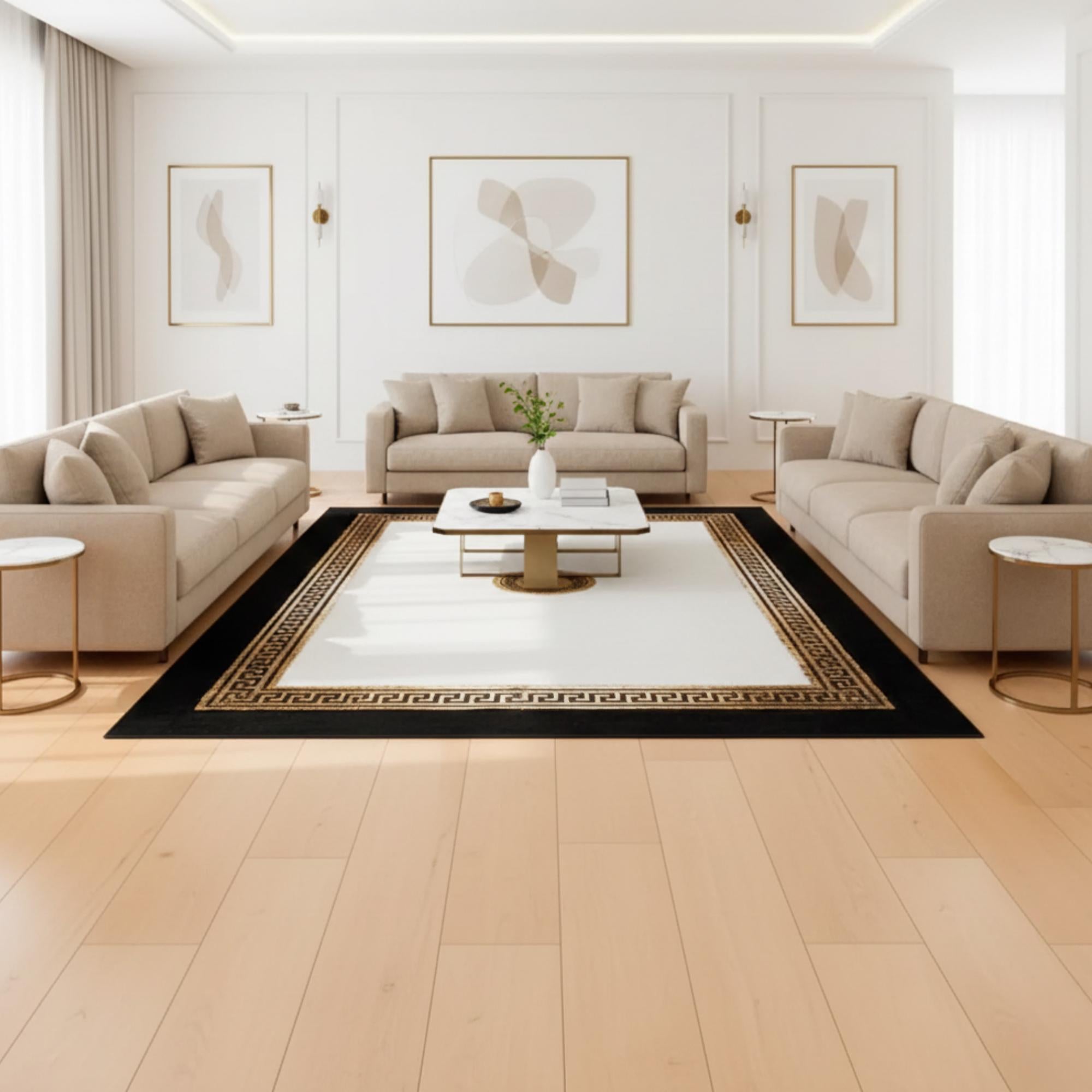 White Black and Gold Rug, Luxury Plush Area Rug, Modern Geometric Living Room Rug