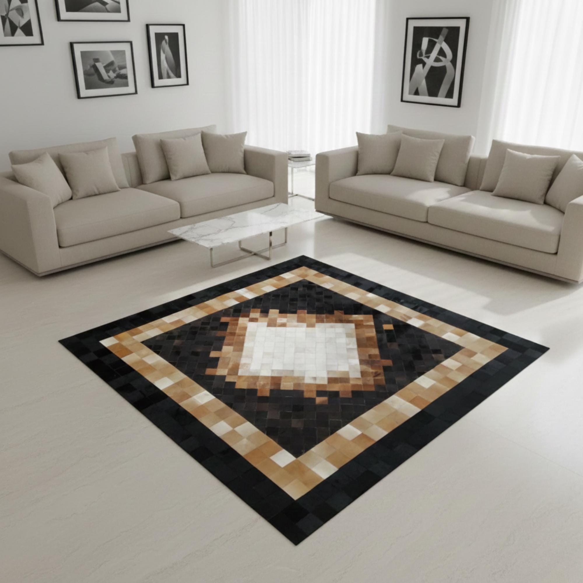 Black Brown and White Rug, Cowhide Patchwork Area Rug, Geometric Leather