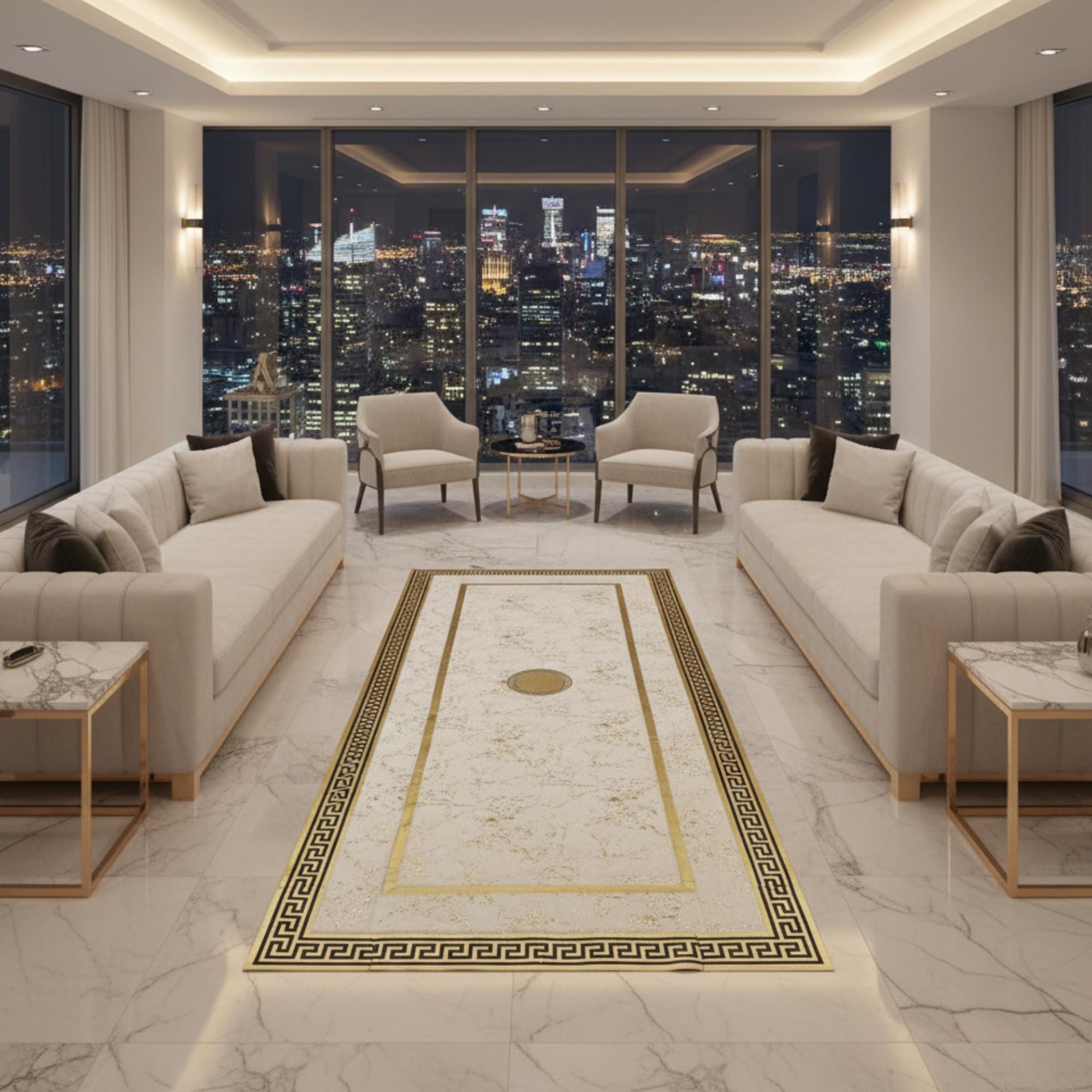 White and Gold Luxury Plush Rug, Plush Hallway Rug, Modern Geometric