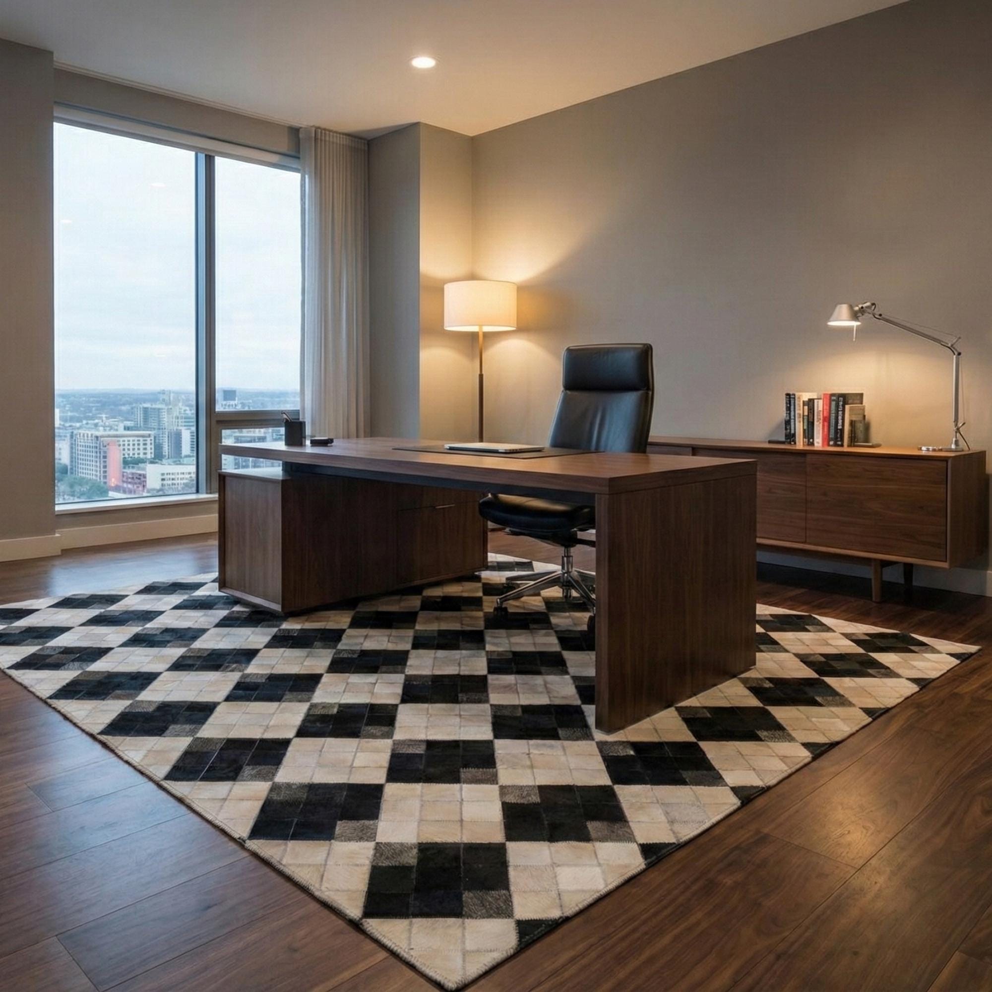 Black and White Rug, Cowhide Patchwork Area Rug, Modern Checkered Leather Rug