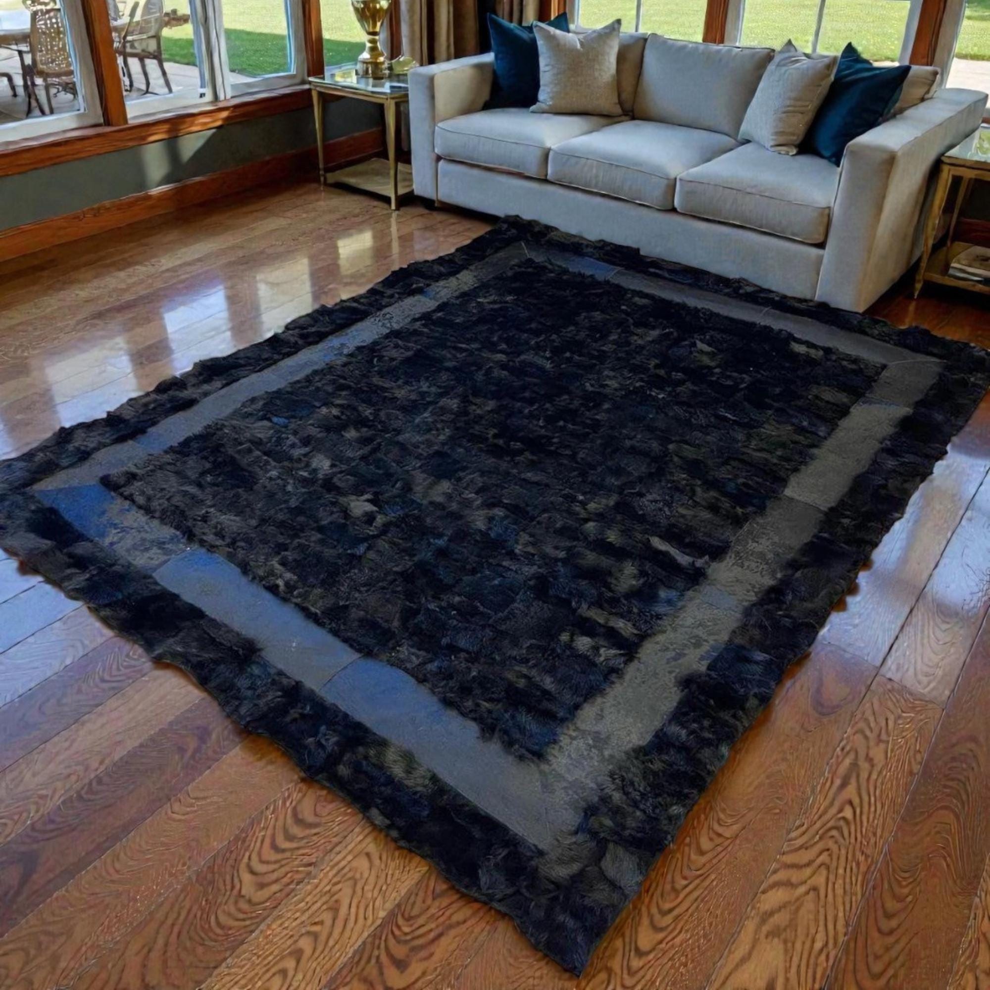 Black Tuscan Rug, Luxury Fur Area Rug, Modern Plush Living Room Rug