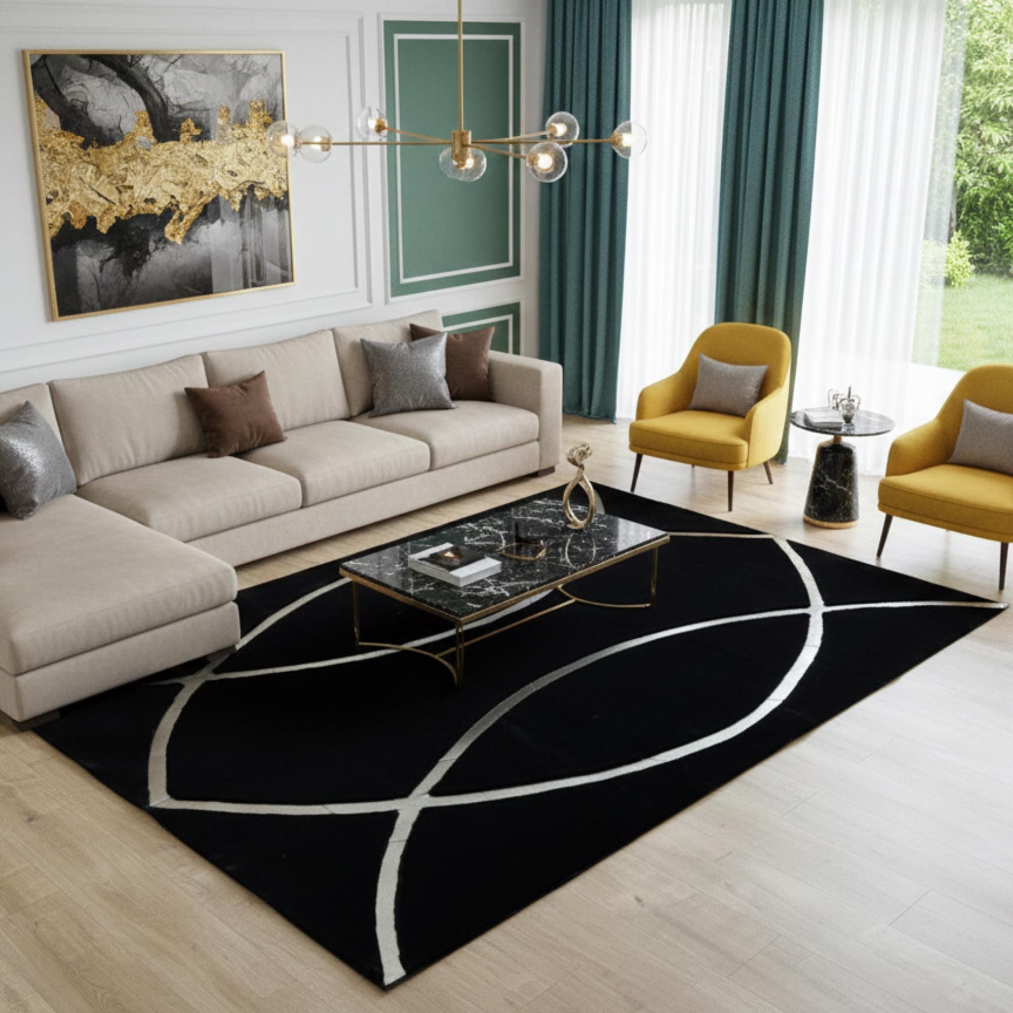 Black and Silver Plush Rug, Luxury Plush Area Rug, Modern Geometric Living Room Rug,