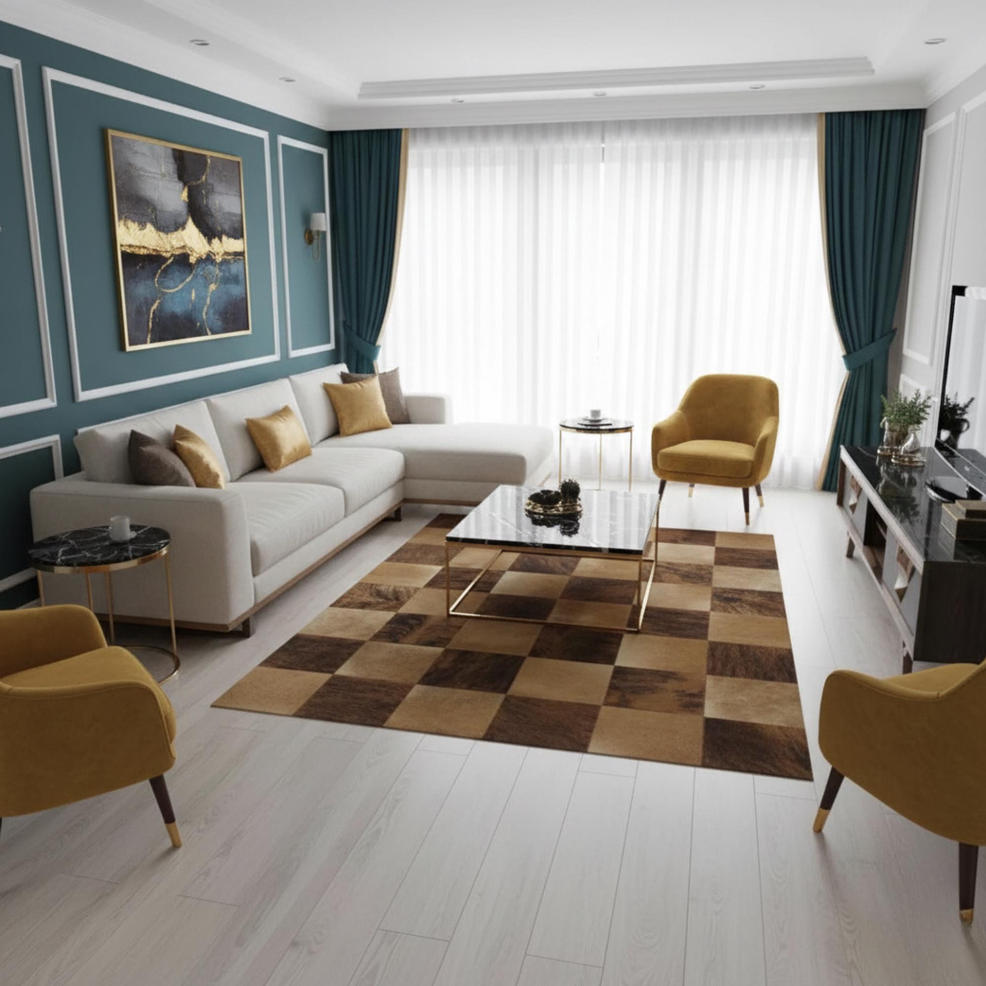 Brown Cowhide Rug, Leather Patchwork Area Rugs, Modern Geometric Living Room Rugs