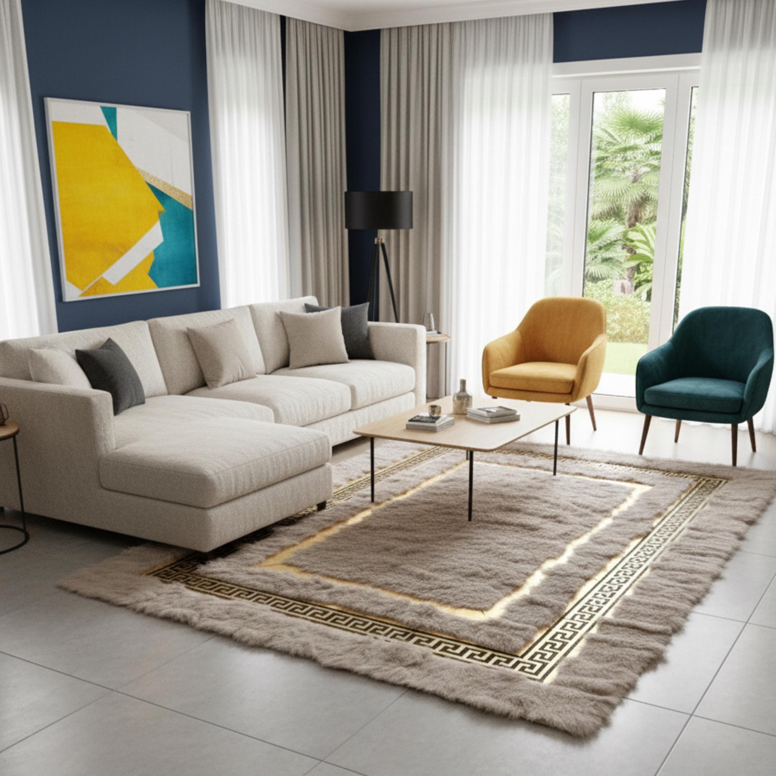 Cream and Gold Tuscan Rug, Luxury Fur Area Rugs, Soft Bedroom Rugs