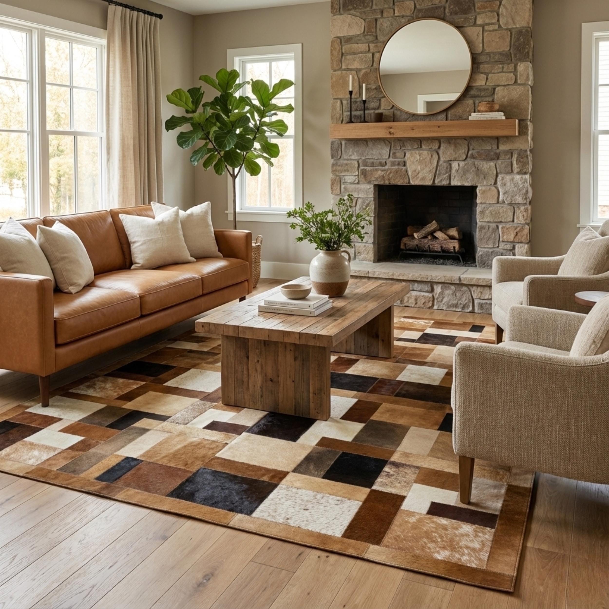 Brown and Black Cowhide Rug, Multicolor Patchwork Area Rug