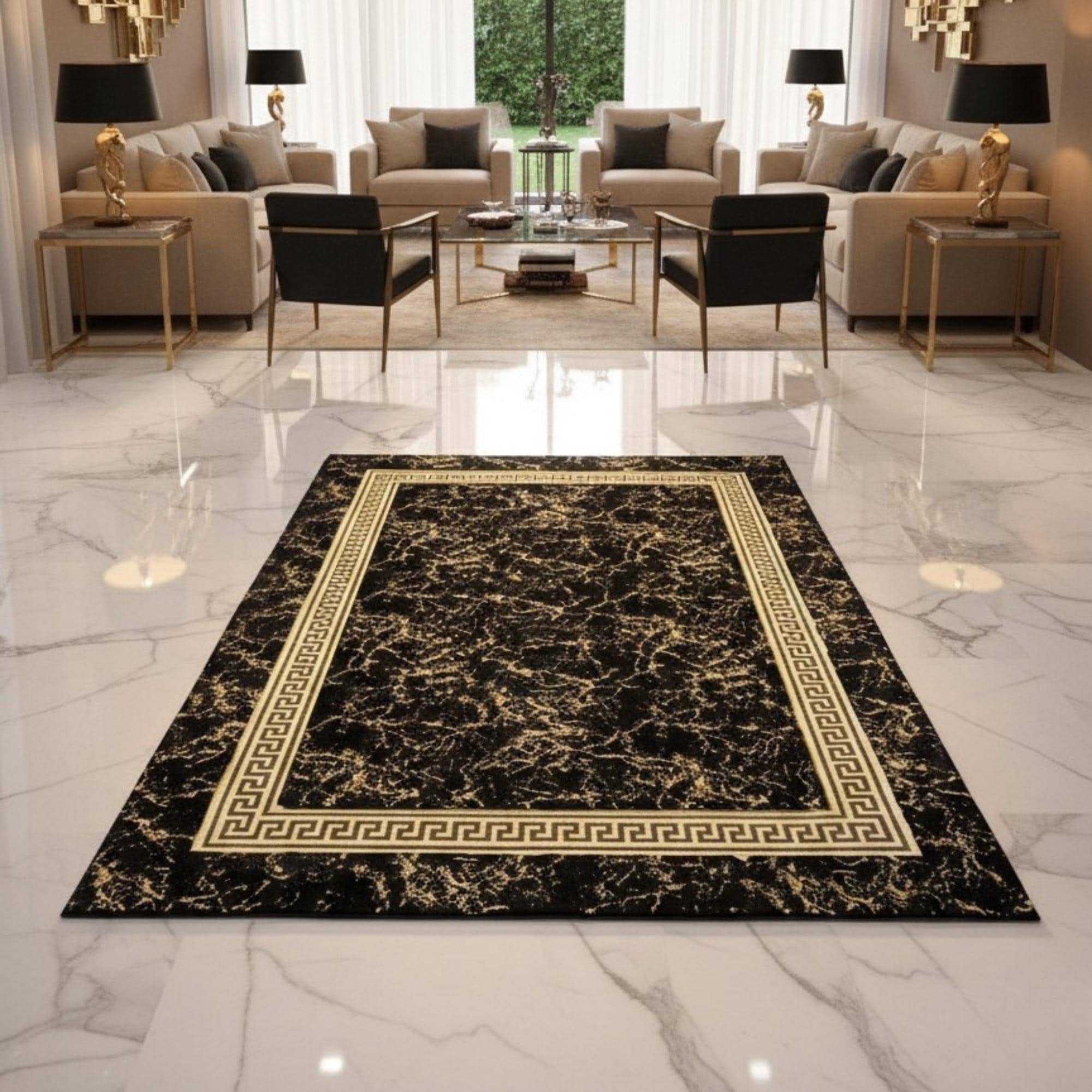 Black and Gold Plush Rug, Marble Pattern Area Rug,