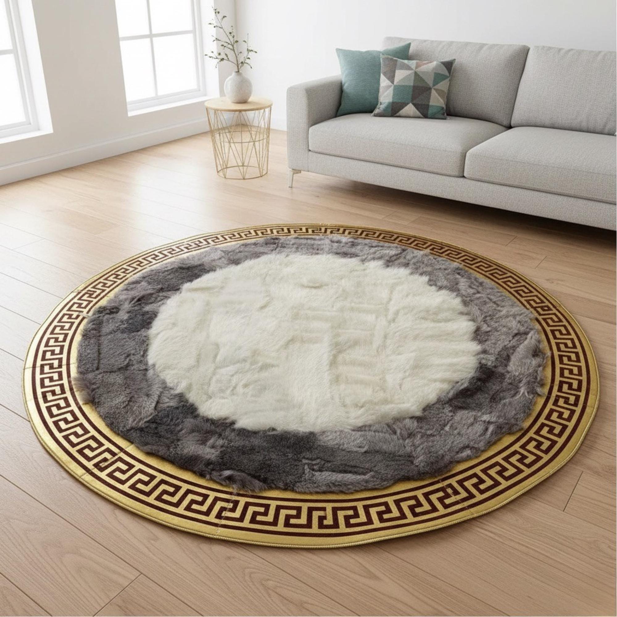 Round Gray and White Tuscan Rug, Gold Border Area Rug,