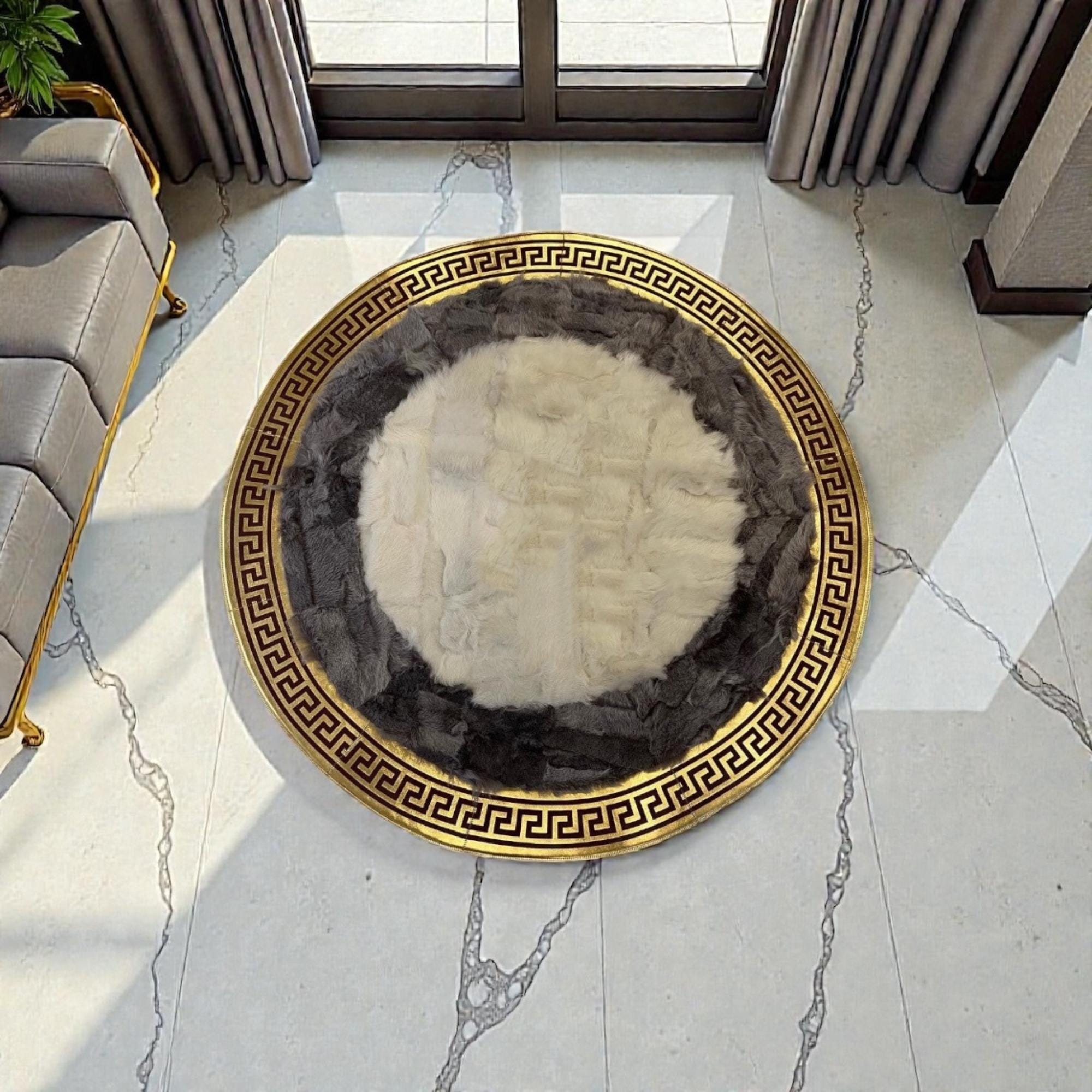 Round Gray and White Tuscan Rug, Gold Border Area Rug,