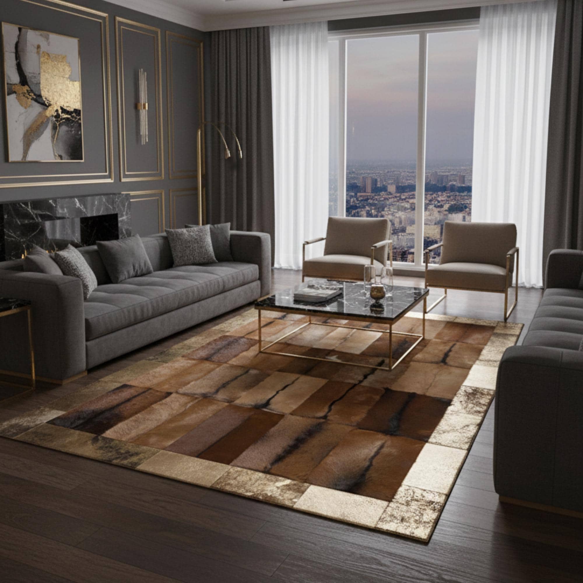 Handmade Goatskin Patchwork Rug Gold Details | Natural Leather Area Rug