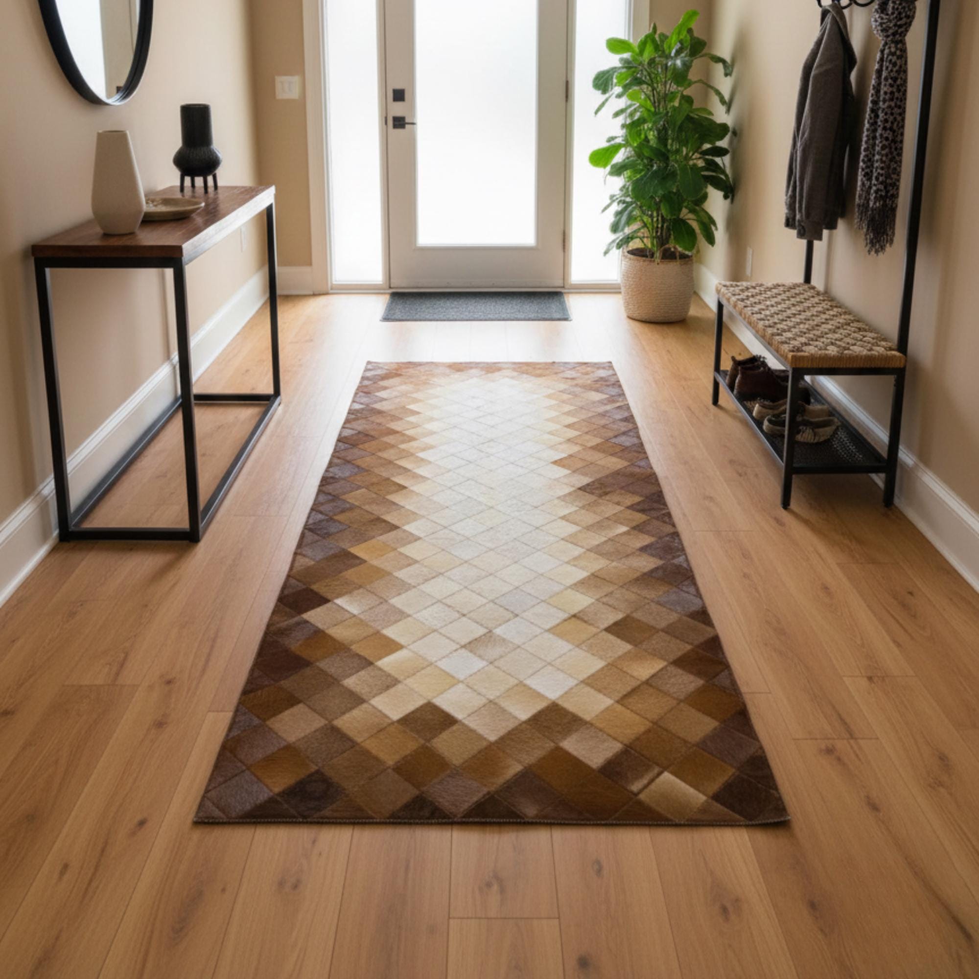 Brown Cowhide Runner Rug, Leather Patchwork Hallway Runner,