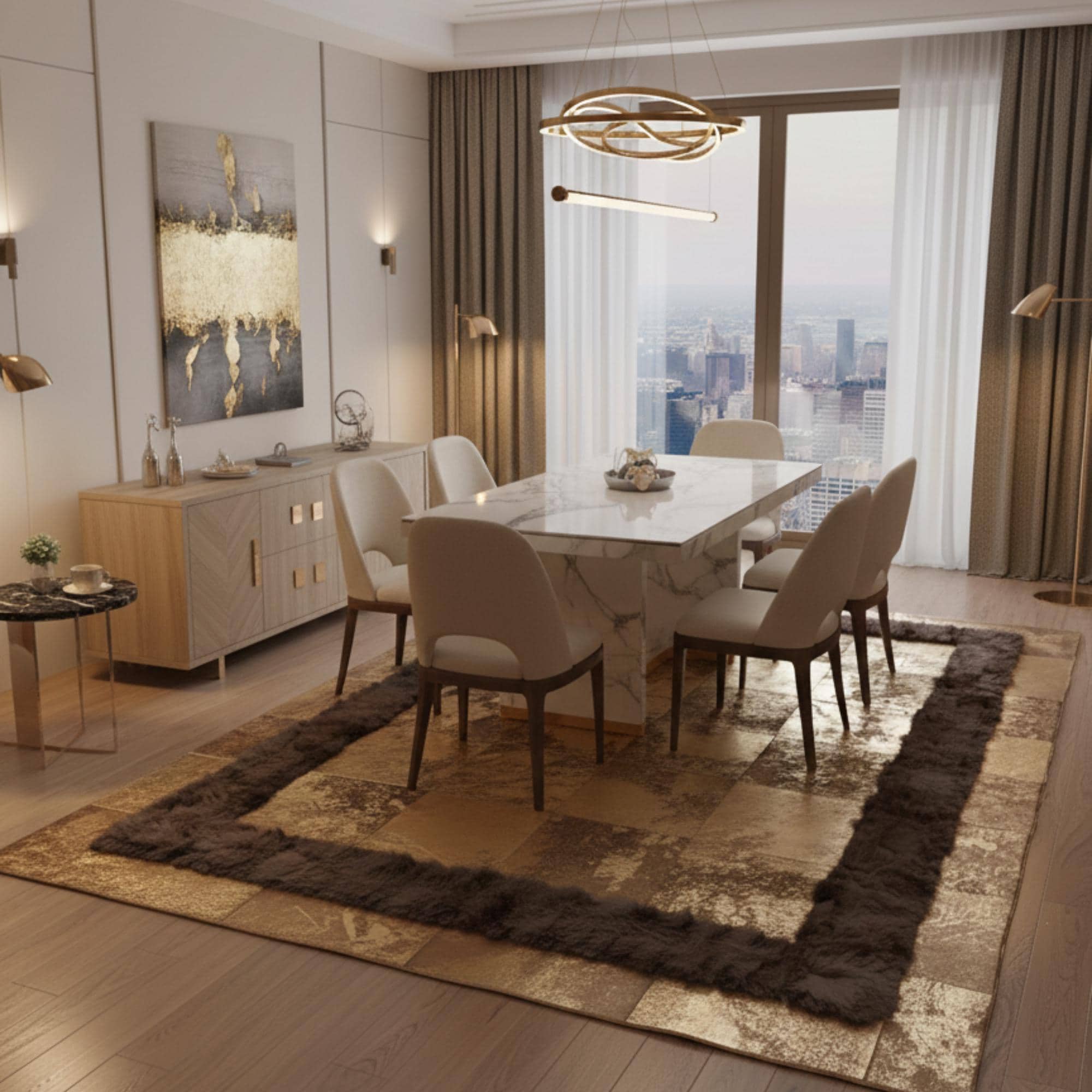 Gold Cowhide Rug, Brown Border Leather Area Rug, Brown and Gold Patchwork Carpet