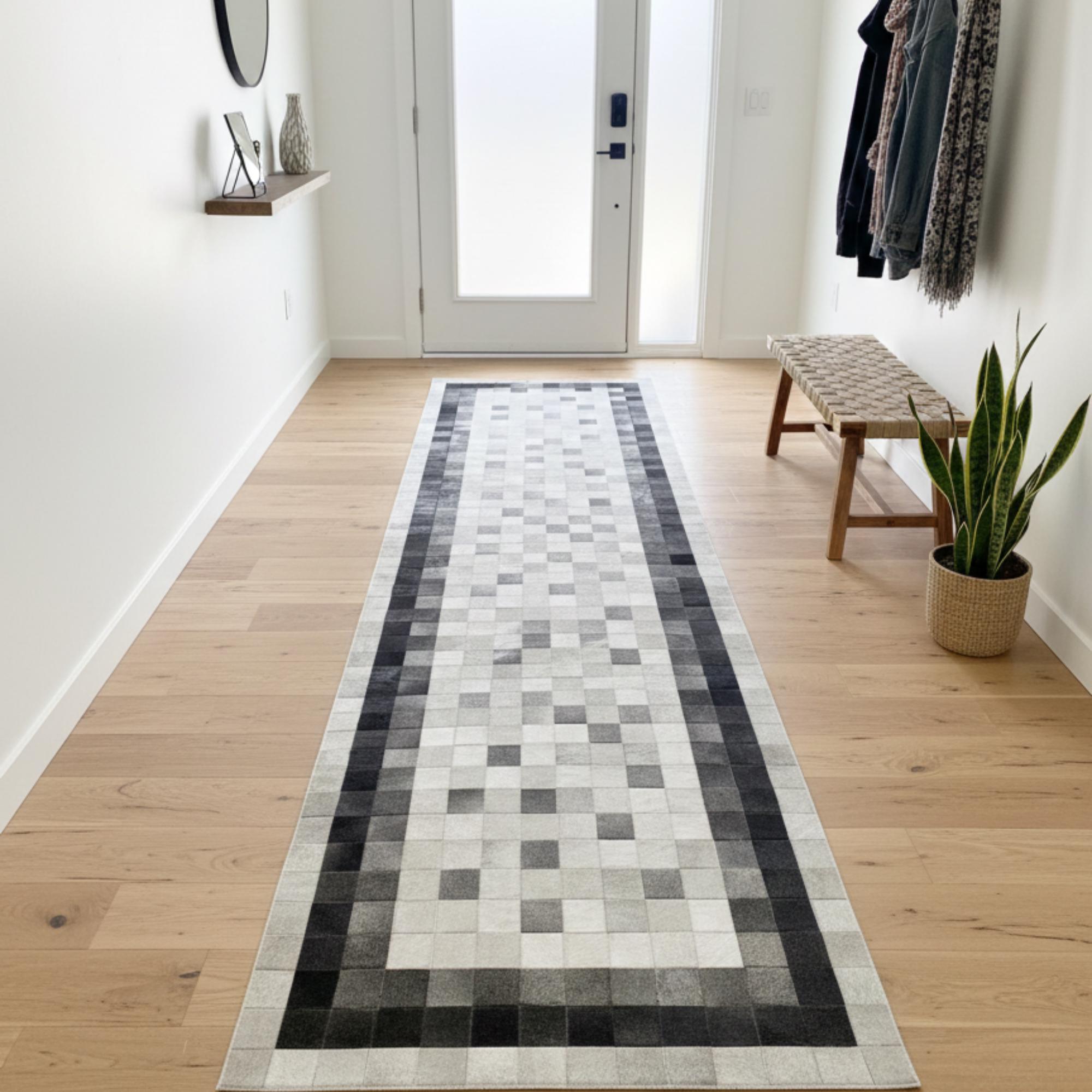 Cowhide Runner Rug, Grey Patchwork Hallway Runner, Modern Geometric Mat