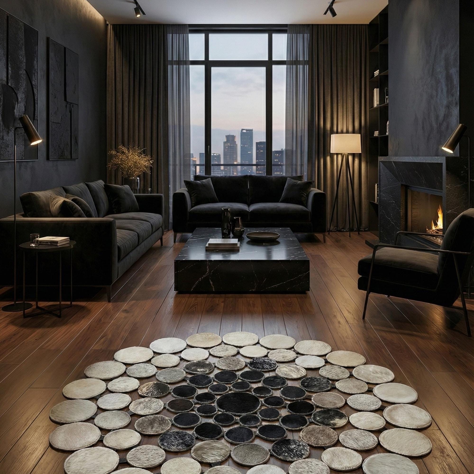 Round Cowhide Rug, Polka Dot Circle Patchwork, Gradient Grey Area Carpet