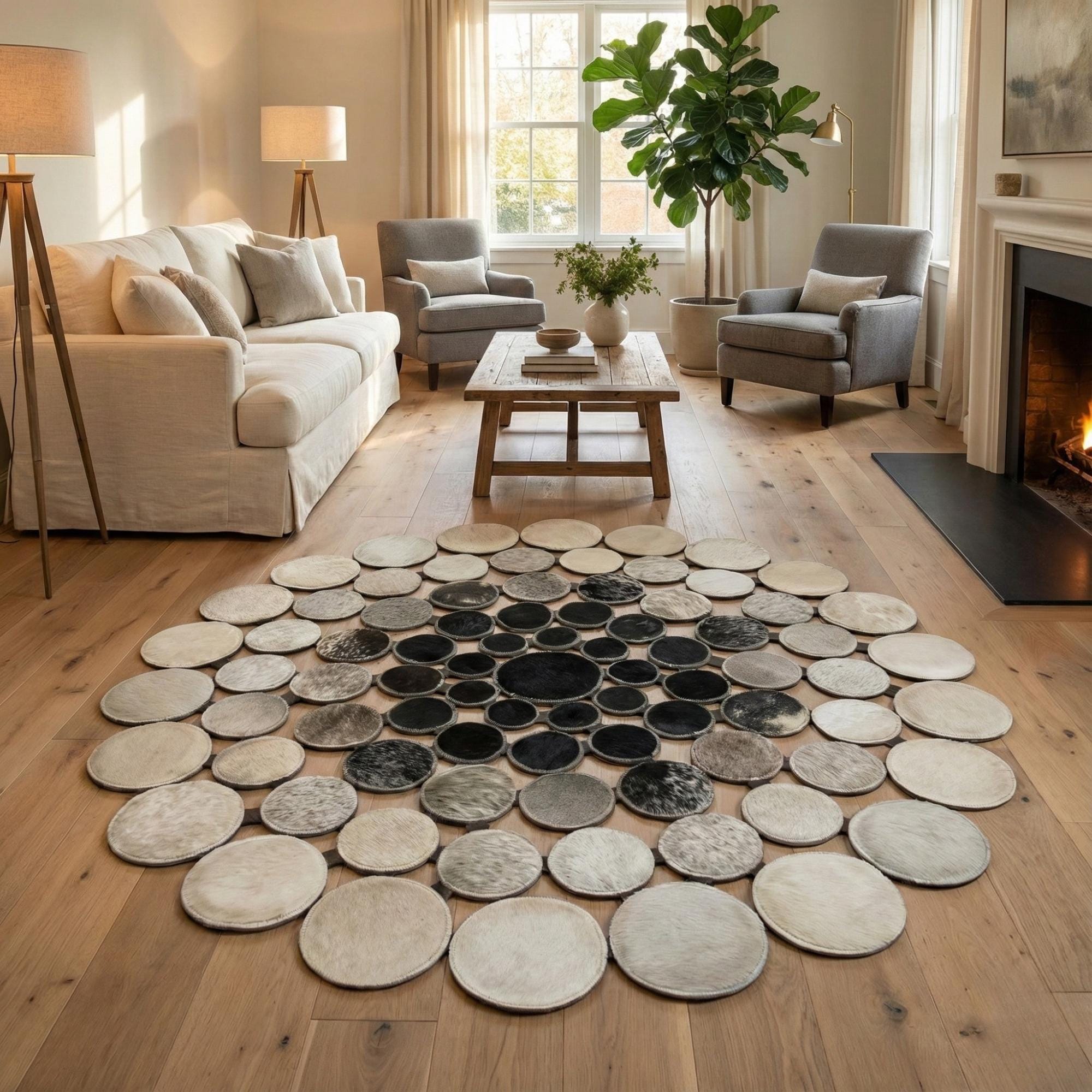 Round Cowhide Rug, Polka Dot Circle Patchwork, Gradient Grey Area Carpet